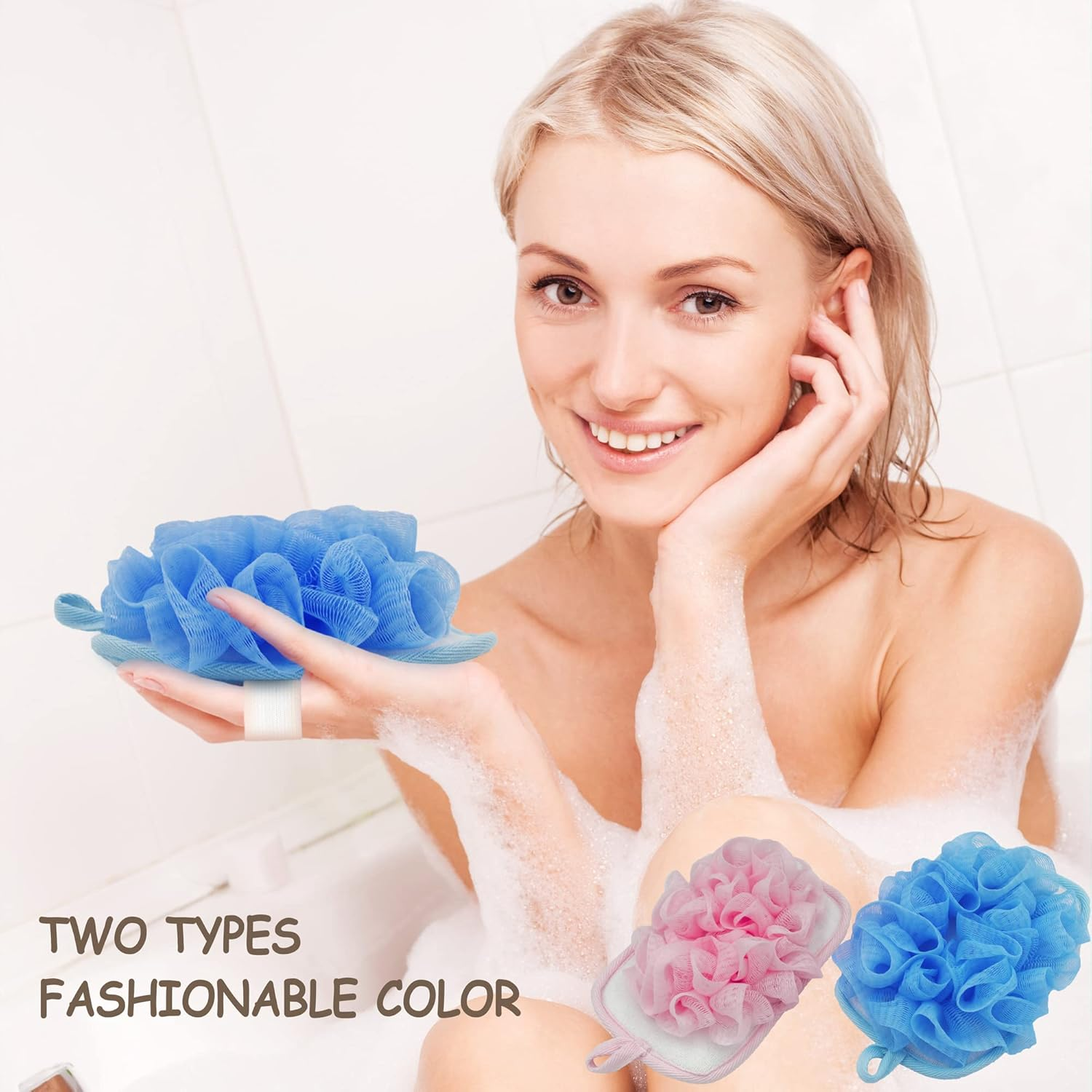 Bleu Bath (2 Pack) Exfoliating Bath Sponge Body Loofah Mitt Pad Shower Pouf Elastic Hand Strap Mesh Sponge Shower Scrubber