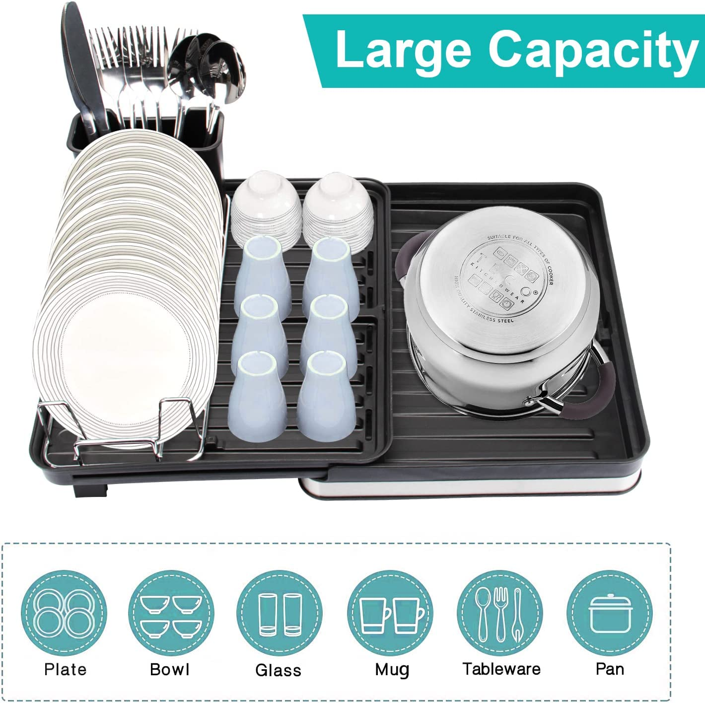 Dish Drying Rack Stainless-Steel Dish Sink Storage Rack with Movable Cutlery Drainer and Utensils Holder, 30CM - 51CM Expandable Dish Drainers for Kitchen Counter with Drain Spout image number 4