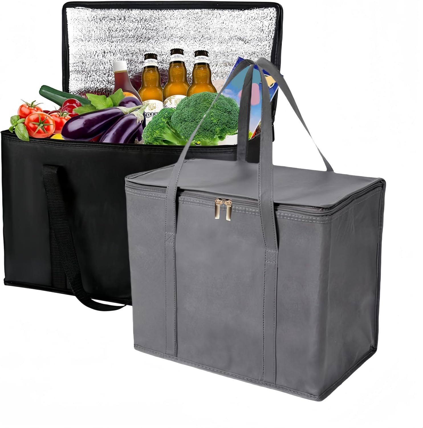 Large Insulated Cooler Bag,2 Pcs Reusable Insulated Grocery Bag,Leak Proof Insulated Shopping Bags,With Bottom Plate Foldable Tote Bags Insulated Food Delivery Bag,With Zippered Top Travel Cooler Bag image number 2