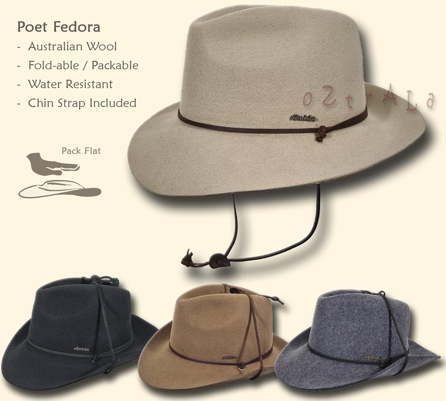 Oztrala HAT Australian Wool Hat Fedora Felt Leather Outback Fur Cowboy HW04 image number 2