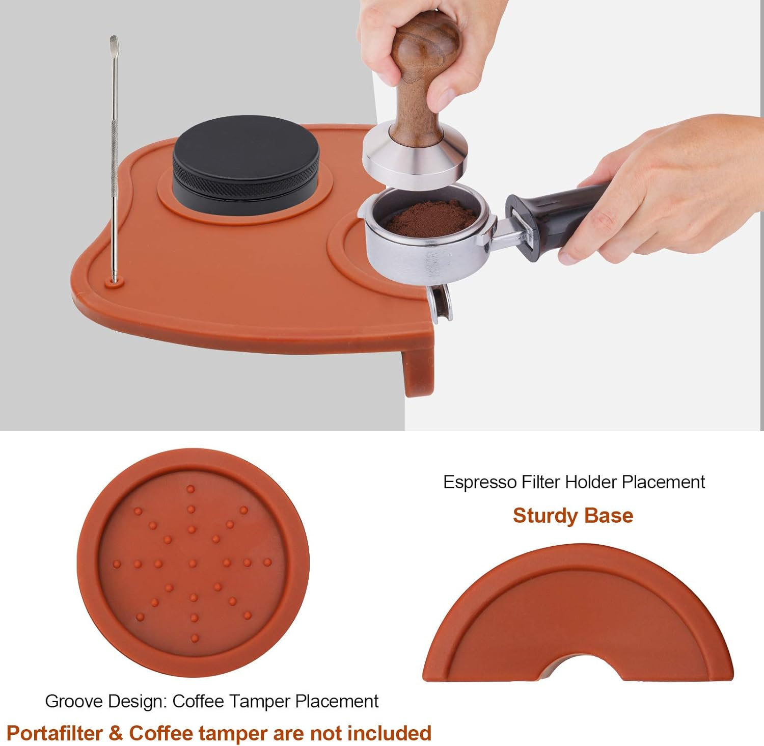 Silicone Coffee Tamper Mat, Ledorr Food Safe Anti-Skid Espresso Tamping Holder, Thick Wear Resistance Fluted Coffee Grind Corner Mat, Tamp Pad Tool Accessory for Home Cafe Maker, Medium Brown - Brown image number 2