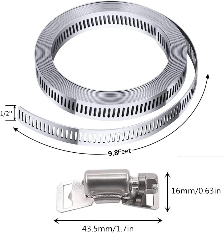 7Pcs 9.8 Feet Long Worm Gear Hose Clamp with Fasteners, 304 Stainless Steel Large Adjustable Pipe Clamps 6Pcs Fasteners for Ductwork, Pole Securing and Strapping