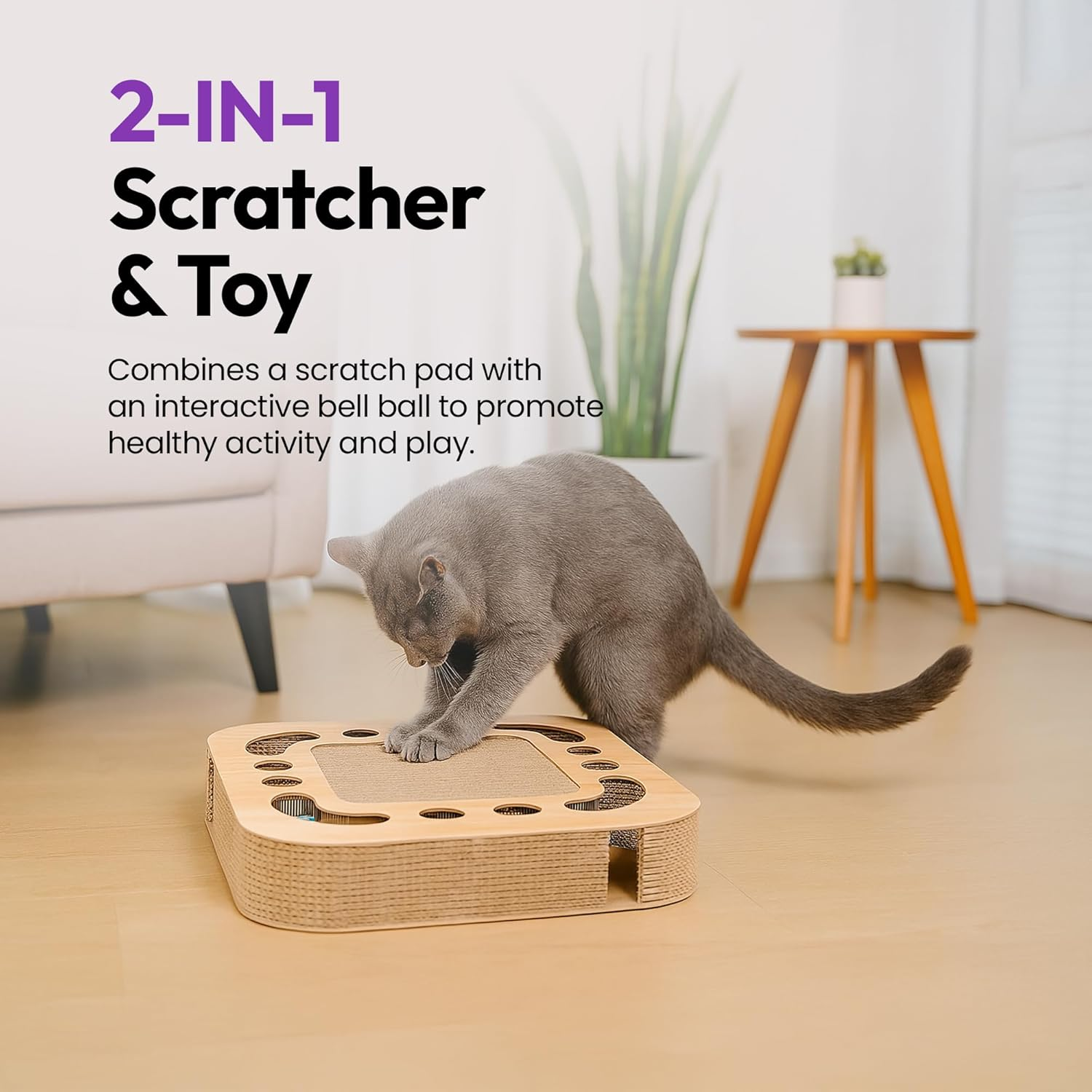 2-In-1 Cardboard Cat Scratcher with Jingle Ball &ndash; Cat Lounge Scratch Pad & Interactive Toy, Anxiety & Stress Relief (Square) image number 5
