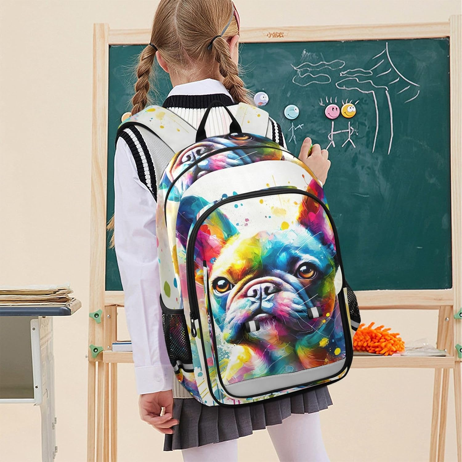 RPLIFE Colorful Bulldog White Kids Backpack for School, 17 Inch Large Kids Elementary School Backpack, 6-12 Y image number 3