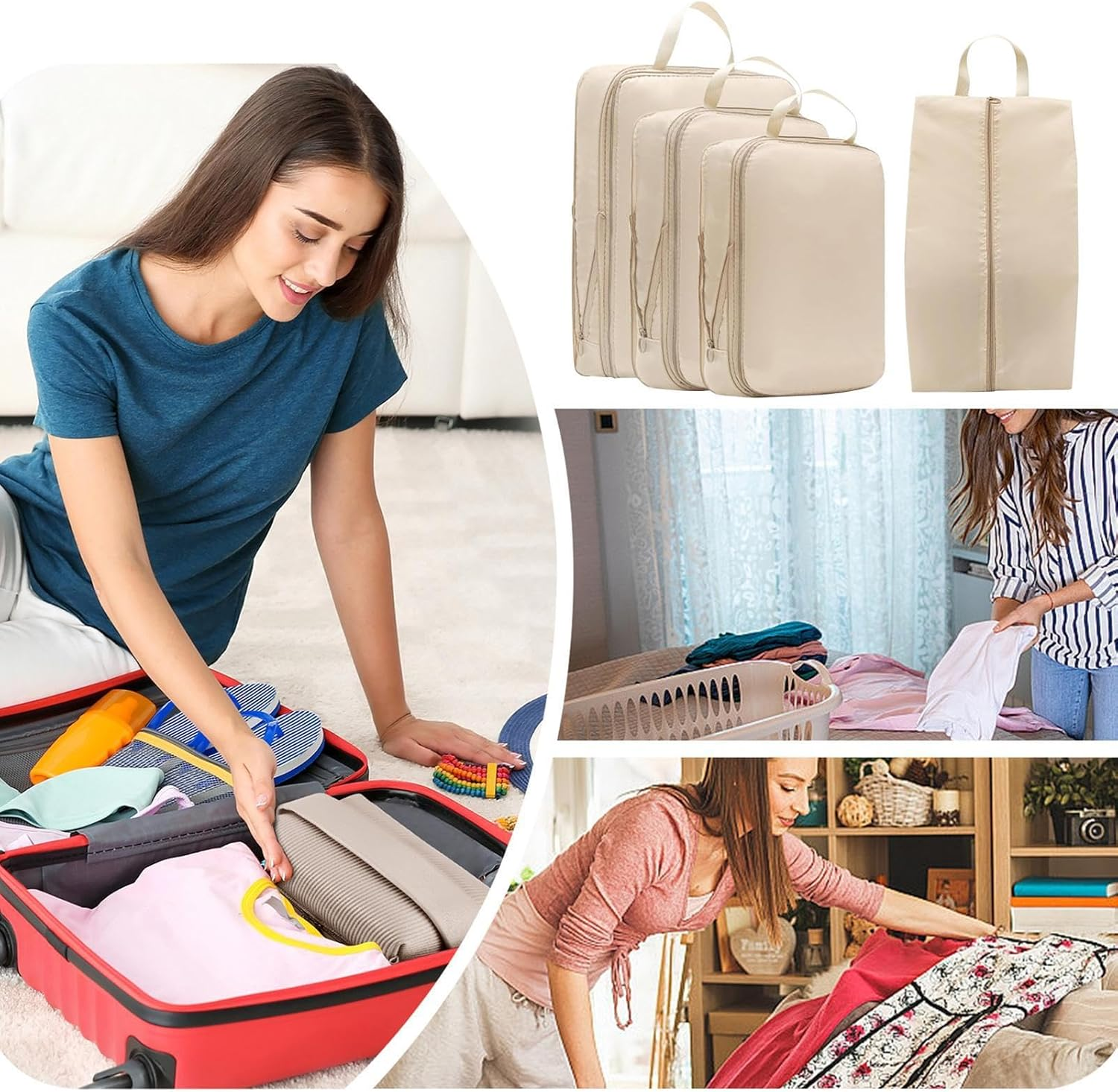 Compression Packing Cubes Travel - Double Zipper Travel Organizer Set for Carry On, Waterproof Carry on Clothing Storage Accessories for Road Trip Vacation Outdoor - Grey image number 3