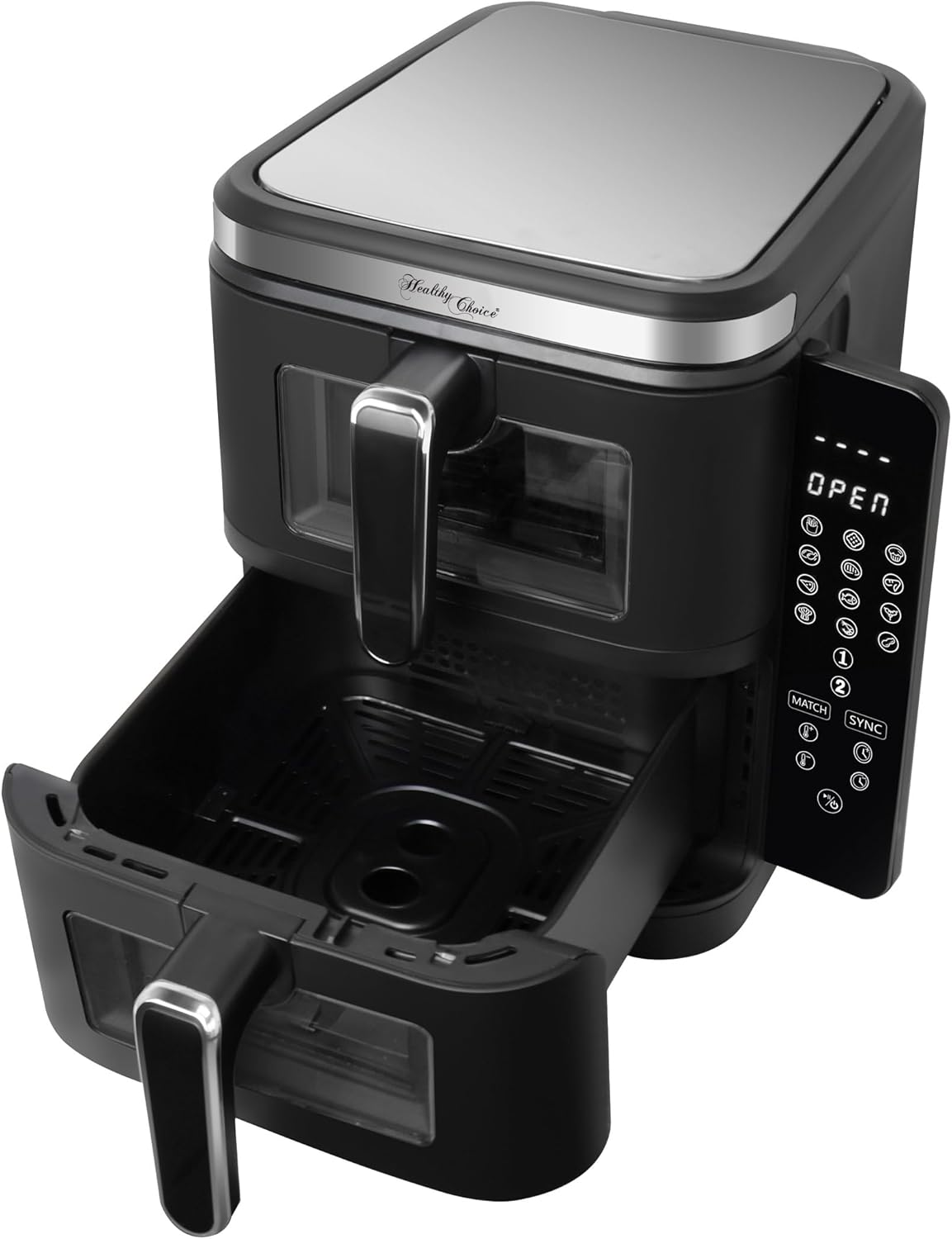 Healthy Choice 2400W 11L Double Decker Digital Dual Zone Air Fryer with 2 Cooking Zones, Foldable Screen, Space-Saving Design, 25Cm Wide for Efficient Cooking