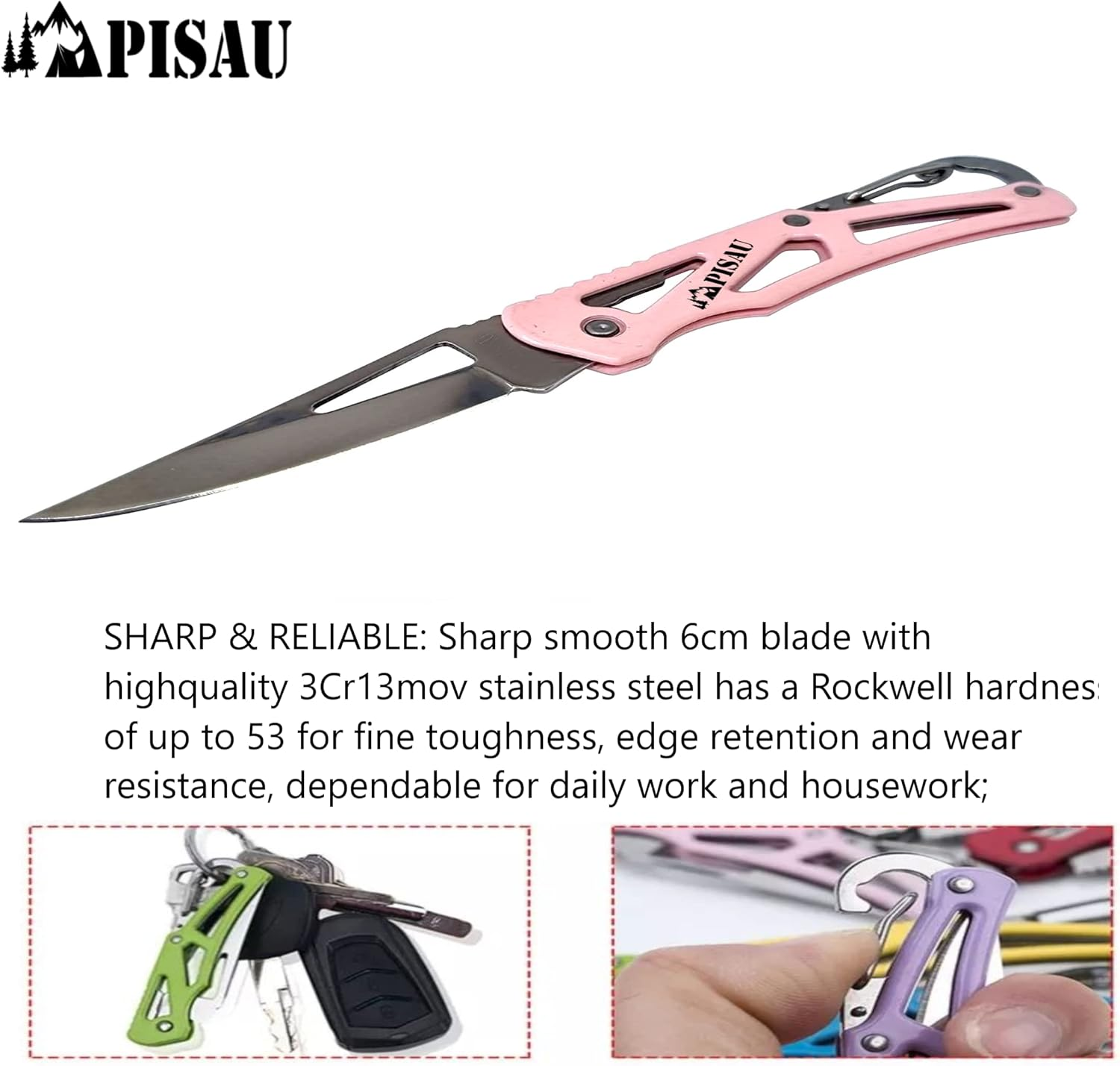 PISAU Small Stainless Steel Camping Folding Knife with Carbinner for Emergceny, Fishing and Camping (Pink) image number 3