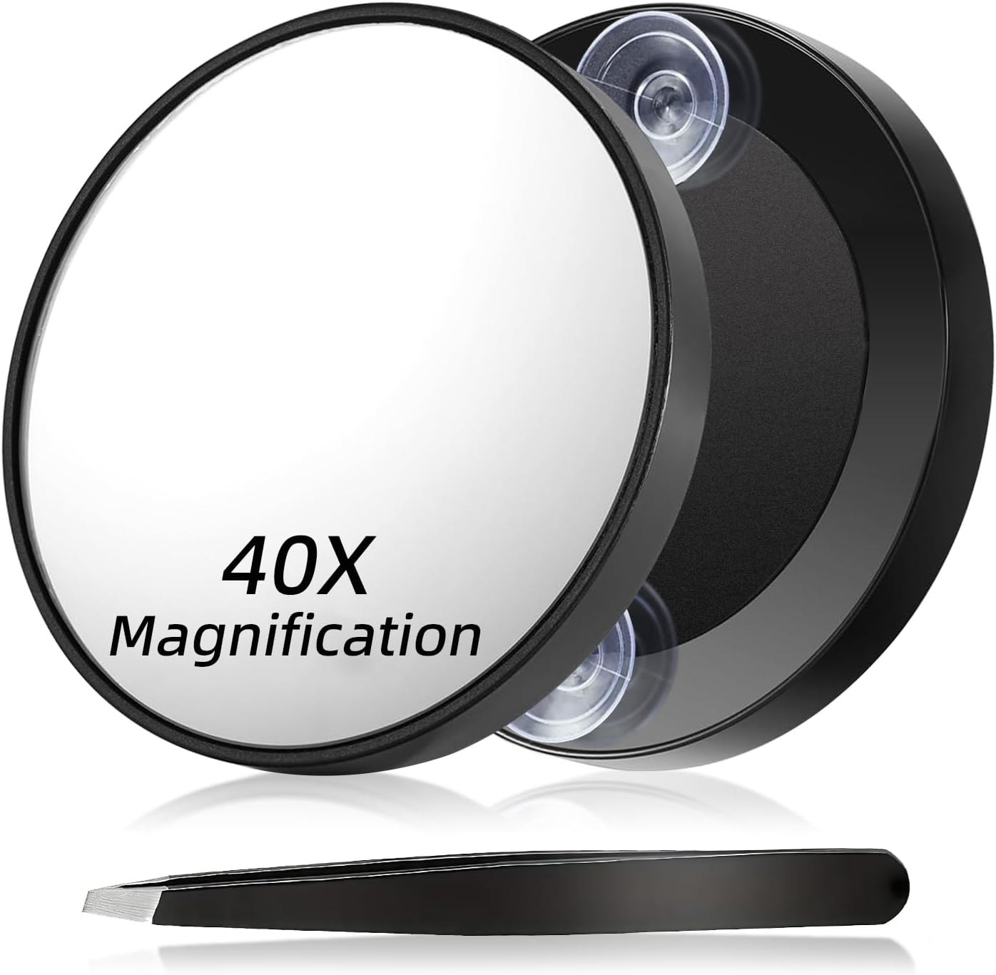 IGXX 40X Magnifying Mirror with 2 Suction Cups, Compact Travel Mirrors for Precise Makeup and Eyebrow Plucking, 8.8Cm Pocket Mirror with Tweezers, Black image number 2