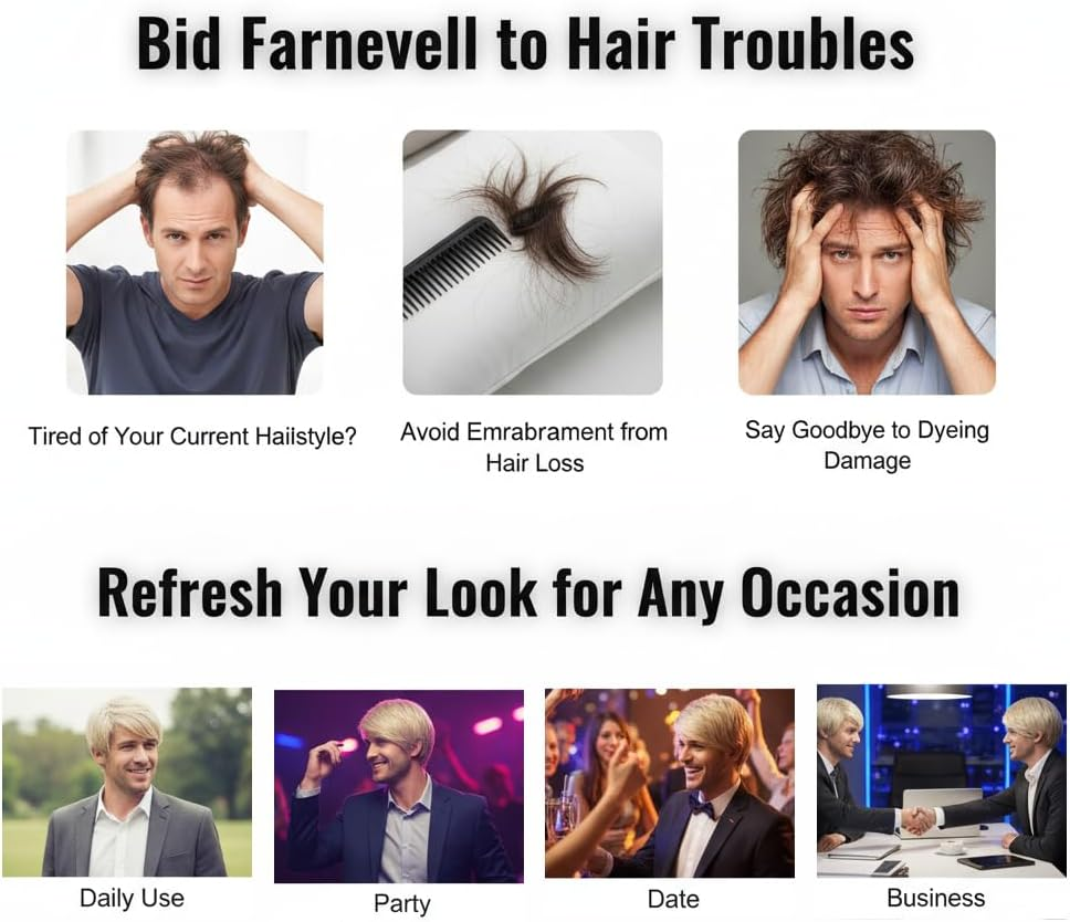 Men'S Short Blonde Wig Heat Resistant Synthetic Hair for Daily Use, Natural Looking & Comfortable Fit - Damaill image number 2