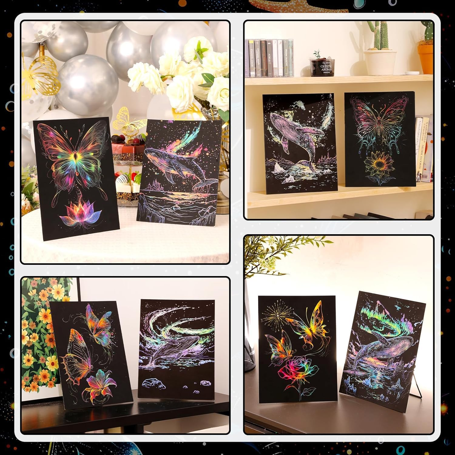 12 Pcs Glow in the Dark Scratch Art Rainbow Painting Paper with Pen, Rainbow Engraving Landscape Scratchboard(A4) for Adults, Fun Sketch Card Creative Craft (Ocean Butterfly Peacock) image number 4