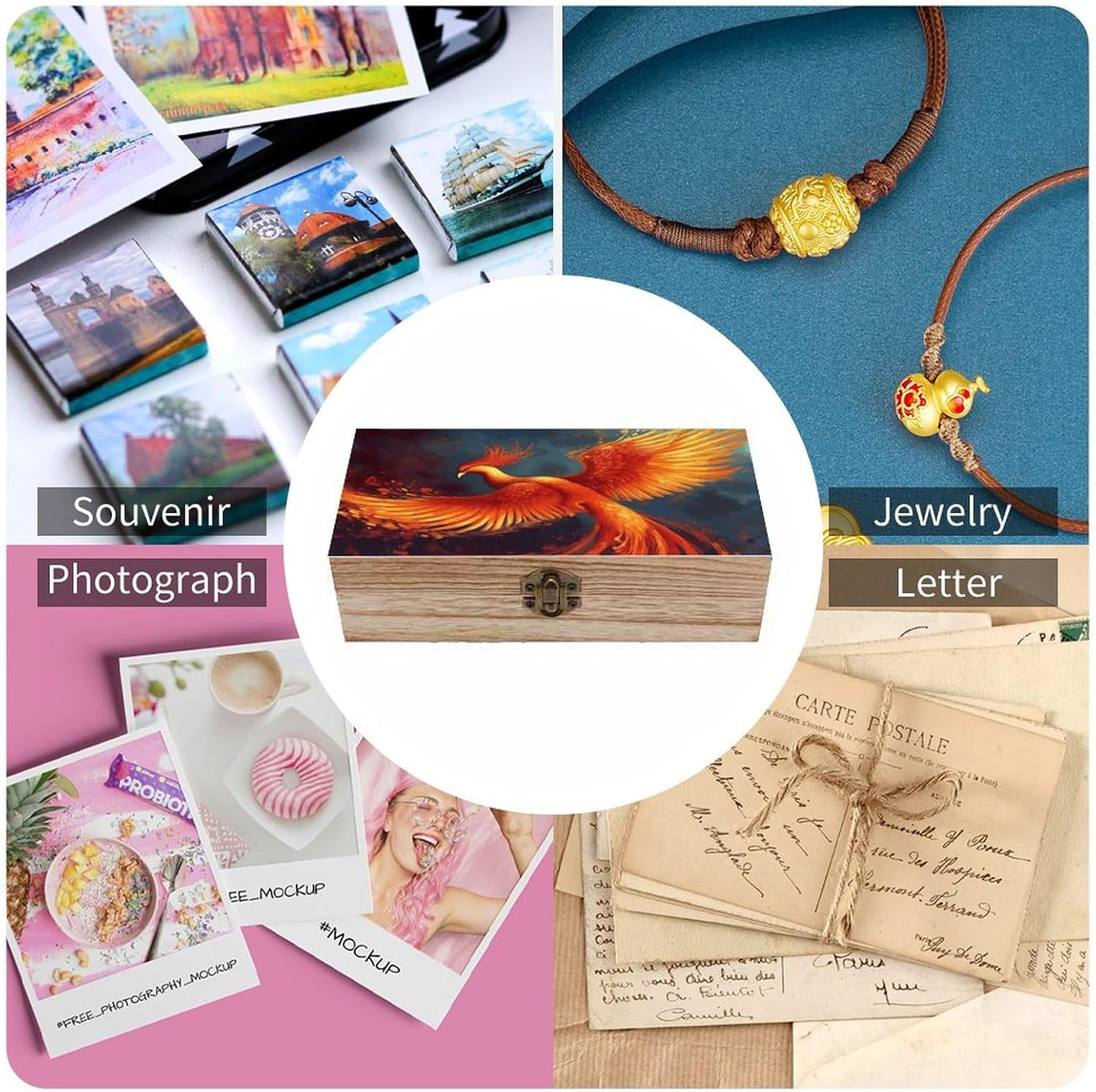 Orange Red Phoenix Wooden Box Wood Wedding Keepsake Boxes with Lids Small Decorative Boxes Lightweight Wooden Memory Storage Box for Crafts Keepsakes Jewelry Photo Letter Storage image number 3