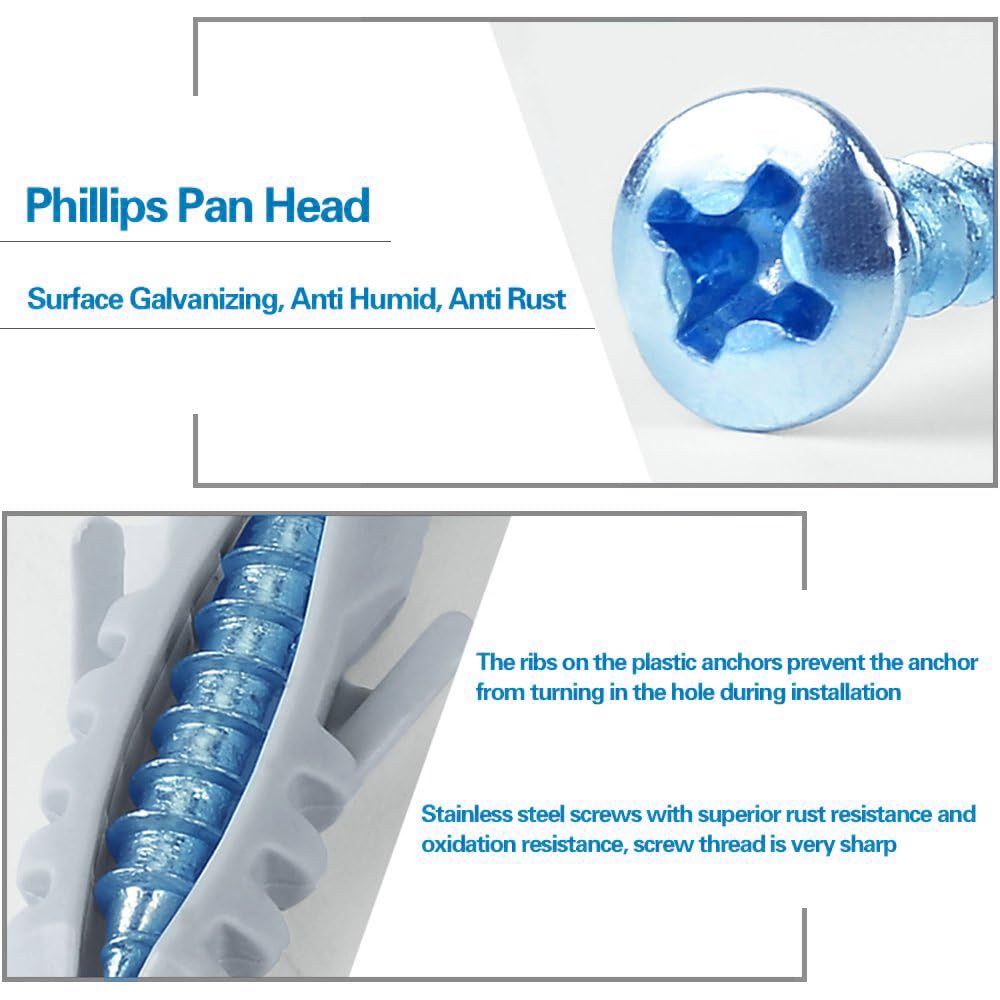 BEANPRECOY Drywall Anchors 220 Pcs, Assorted Sizes Hollow Self Drilling Drywall Anchors Screws Assortment Set Kit,Assorted Sizes Wall Plug Bolts Expansion Bolt for Wallboard Concrete Pciture Hanging image number 6