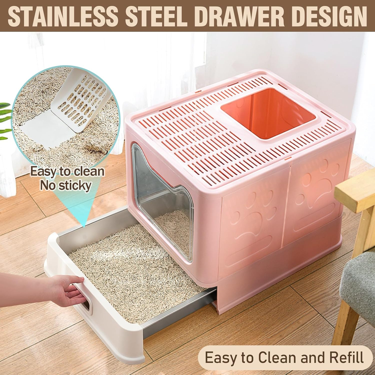 Amibud Covered Stainless Steel Cat Litter Box with Lid, Foldable Metal Enclosed XL Top Entry Kitty Litter Pan Tray with Scoop,Easy to Clean(Pink) image number 2