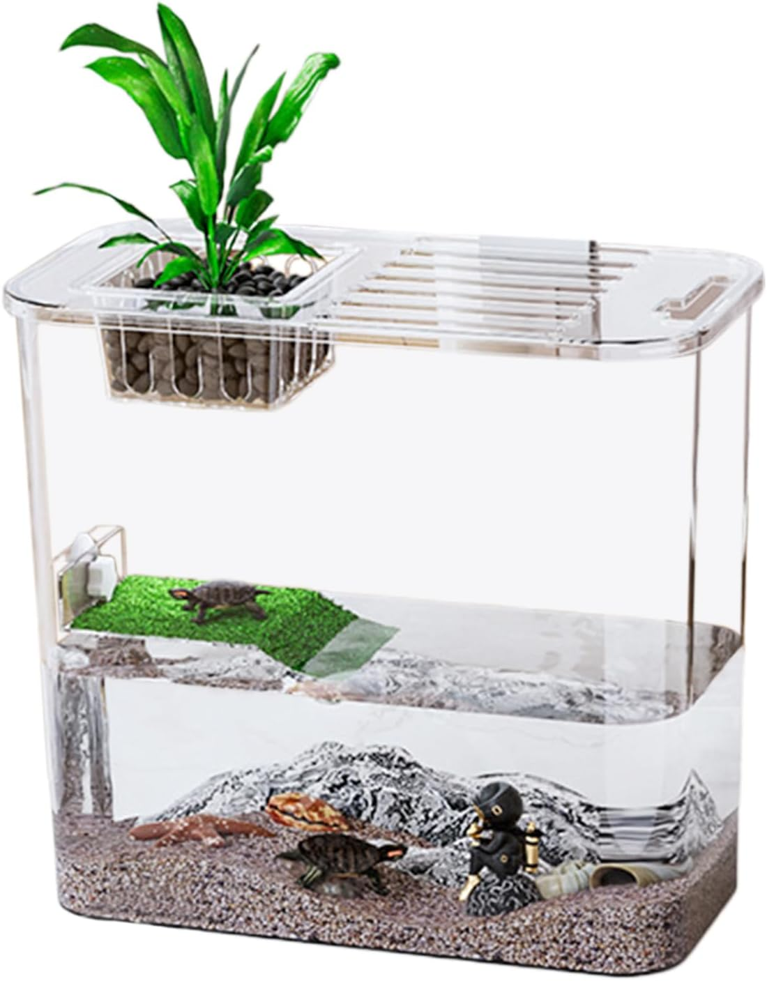 Turtle Aquarium, Creative Turtle Fish Terrarium, 12.2X11.02X6.1 Inches Clear Water Land Habitat Tank, Multi- Reptile Tank with Basking, Raising Cave for Aquatic Pets image number 5