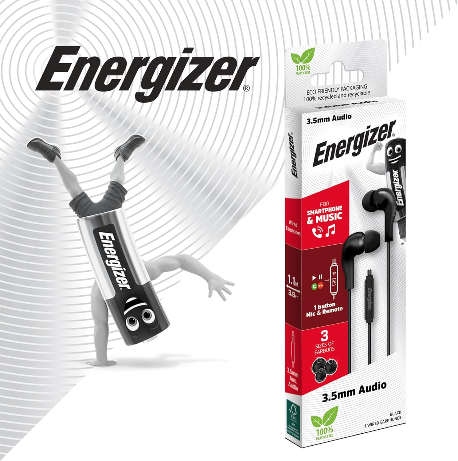 Energizer - Wired In-Ear Headphones, 1 Button Remote Control - Connectors: 3.5 Mm Jack Cable - Colour: Black image number 2