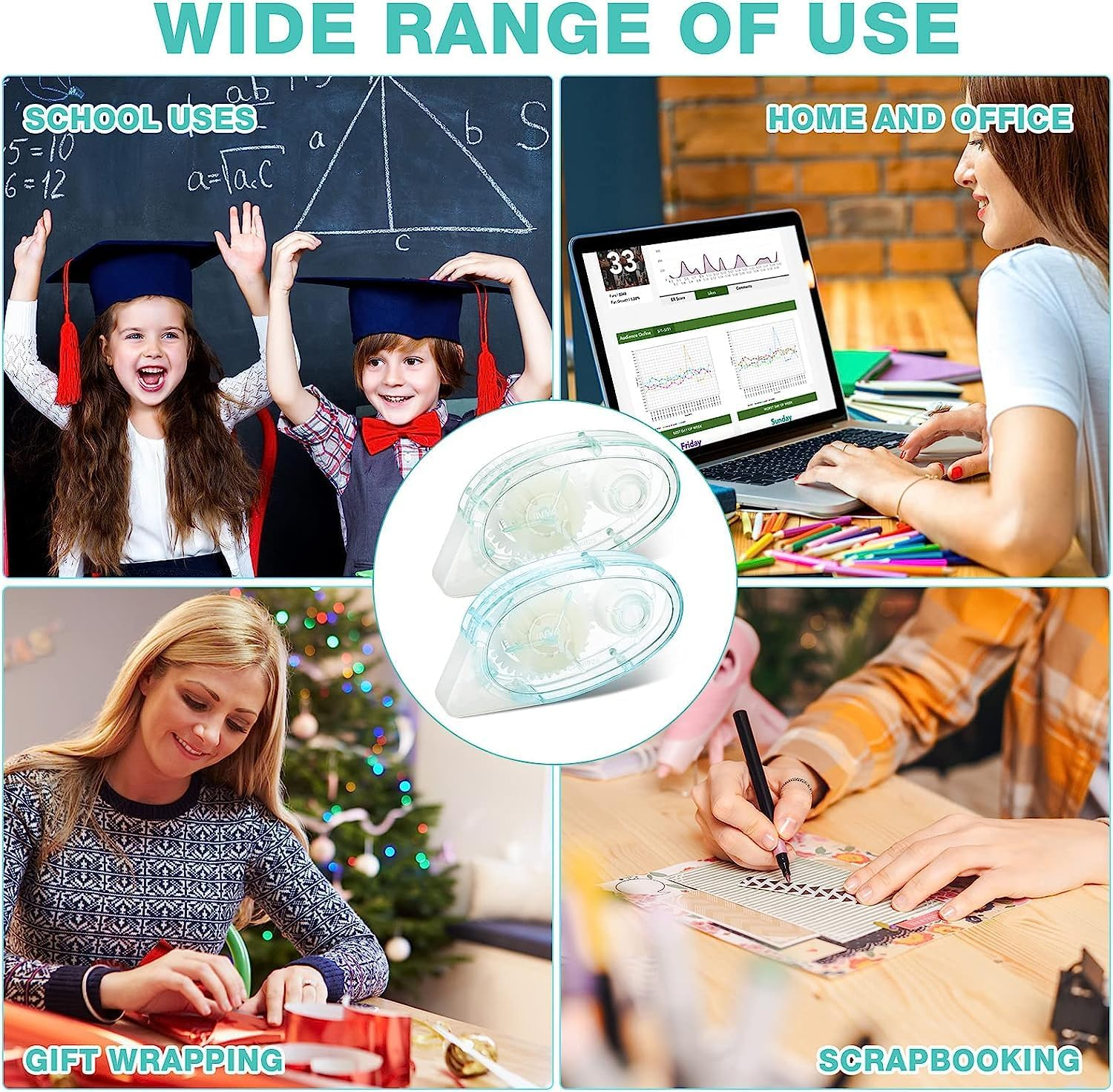 6Pcs Glue Roller Permanent Adhesive Glue Tape Double Sided Dispenser Transparent Runner Tape Pen for DIY Craft Card Marking Scrapbooking Photo Album Journal 10M*8Mm