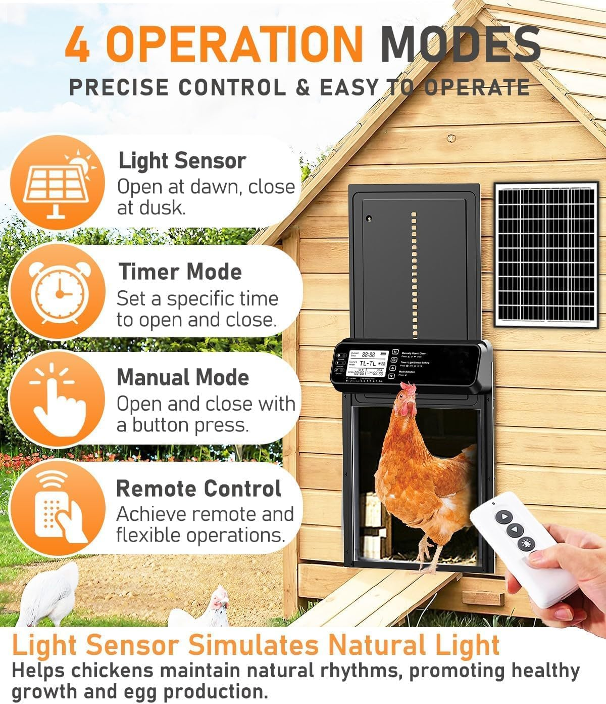 Automatic Solar Chicken Coop Door,Automatic Chicken Door Solar Powered&Usb Charging,With LCD Display&Timer&Light Sensor&Remote Control&Anti-Trap,Aluminum Anti-Pinch Weatherproof Chicken Door