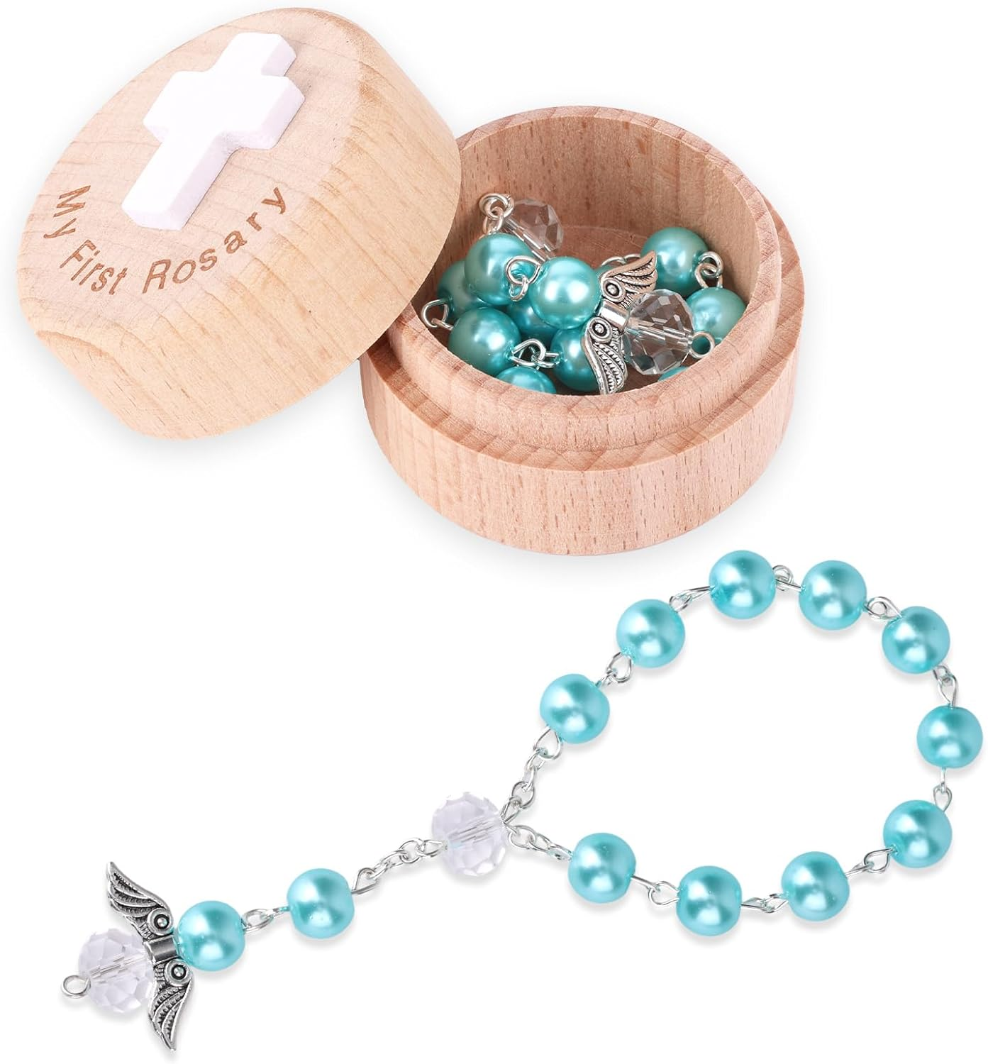 My First Rosary Baptism Gifts, Baptism Memorial Box & Rosary Bracelet with Angel Wings Catholic First Communion Christening Beads Gifting Set for Baby Shower