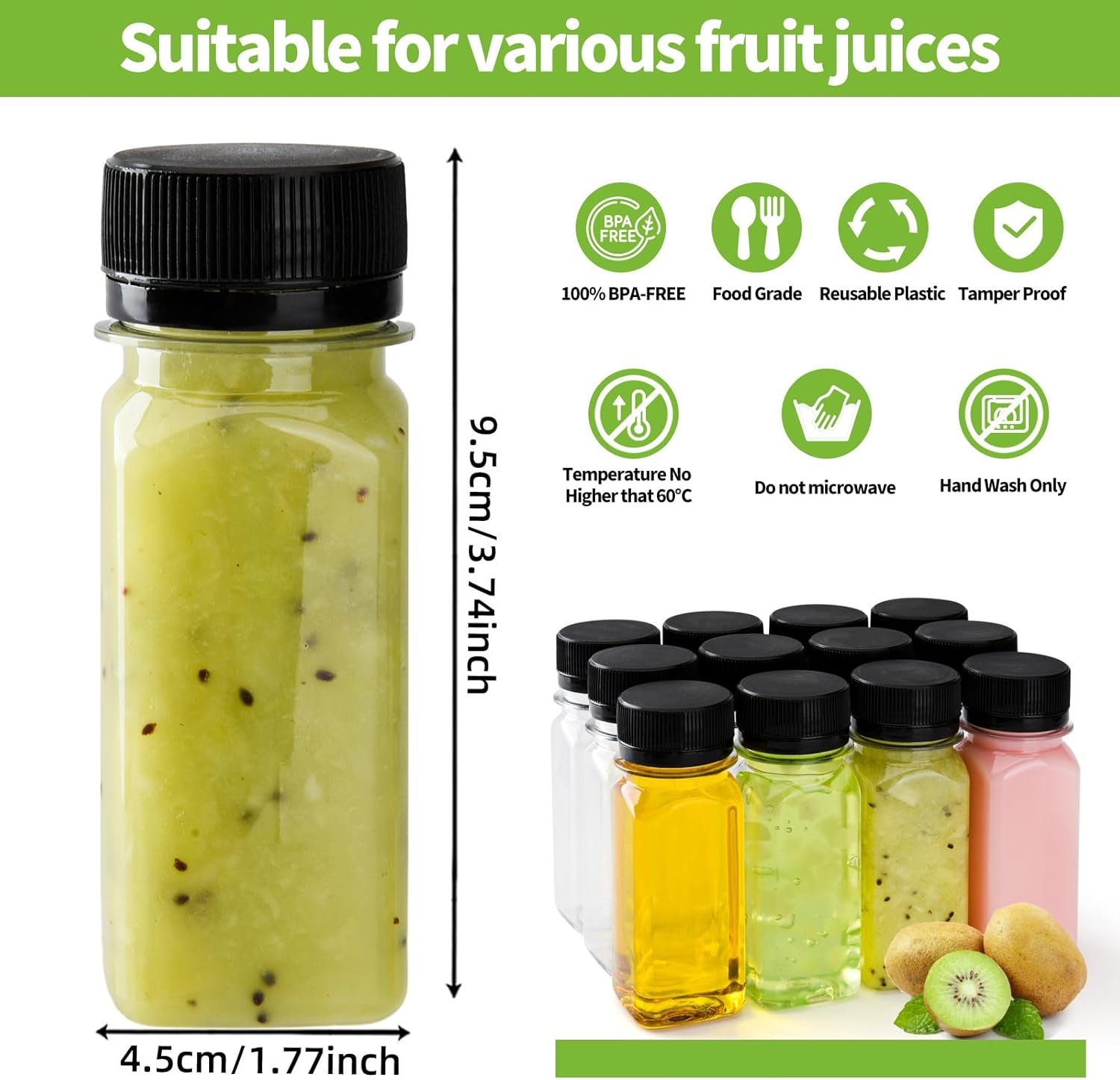 12 Pcs 2Oz Small Plastic Juice Bottles with Lids，Reusable Leak Proof Ginger Shots Bottle with Black Caps, Wellness Mini Jars Plastic Containers for Smoothie, Water, Milk and Other Beverages image number 3