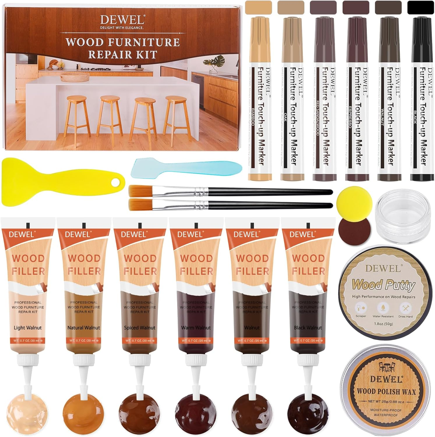 DEWEL Wood Furniture Repair Kit, Walnut Colors Series Furniture Touch up Markers and Wood Fillers, Wood Putty with Wood Polish Wax for Restoring Any Wood, Scratches, Cracks, Wood Floor