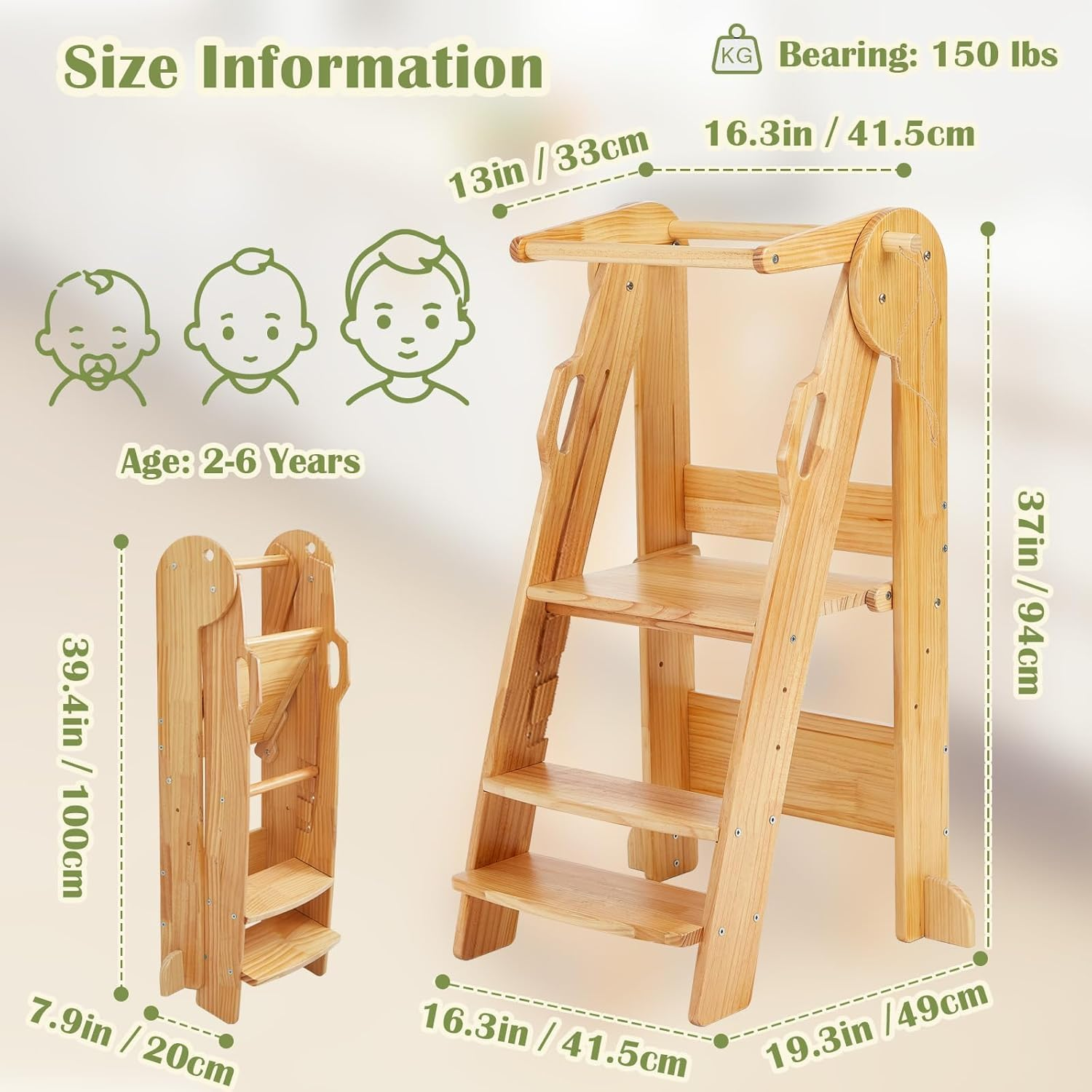 Foldable Toddler Kitchen Tower, Baby Montessori Kitchen Helper with Safety Rail, Kids Wooden Learning Tower Adjustable Learning Step Stool (Wood)