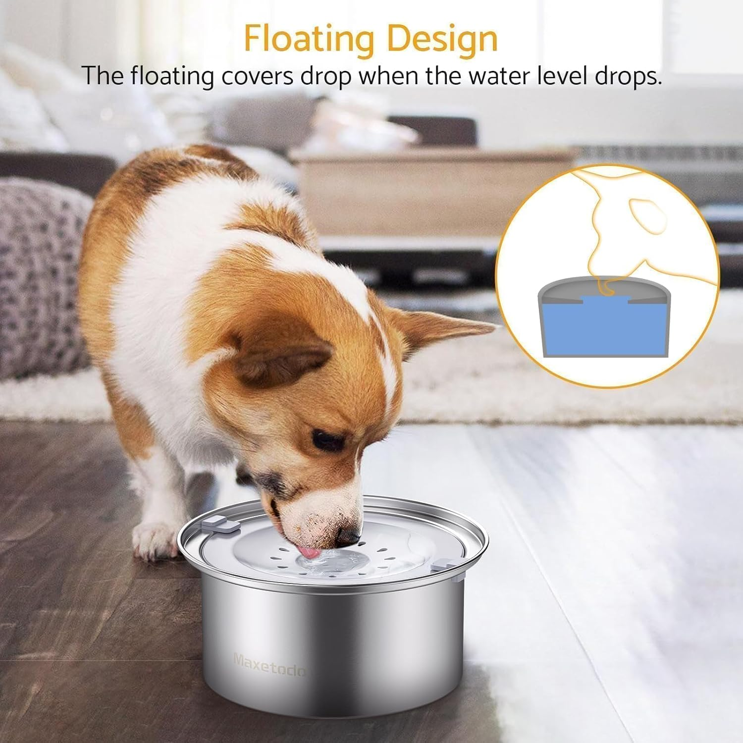 Maxetodo 4L Non Spill Dog Water Bowl, Large Capacity, Stainless Steel, anti Drip, Splash Proof, Floating Water Bowl for Dogs, Home, Car, Outdoor