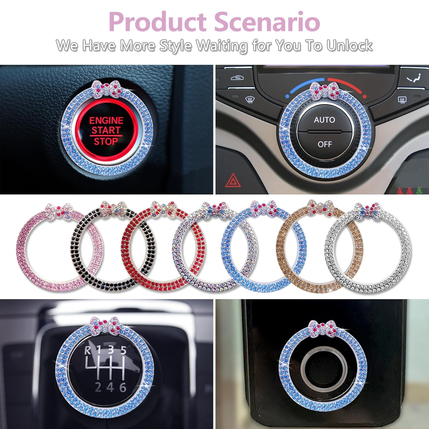 Car Bling Ring Emblem Car Accessories for Buttons & Knobs, Push Start Button Cover/Sticker, Key Ignition & Knob Ring Decoration, Bling Car Interior Accessories - Blue - Champagne image number 5