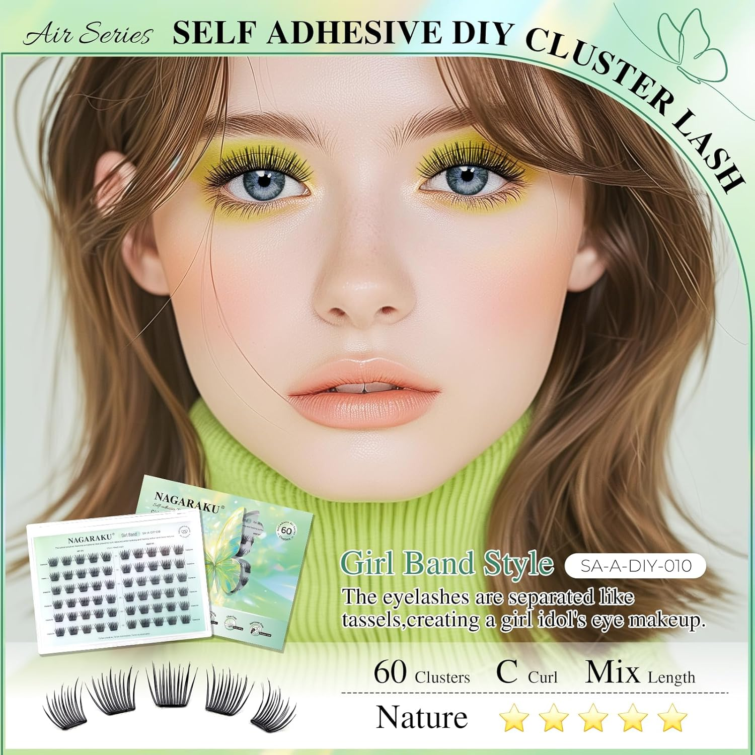 NAGARAKU Pre Glued Cluster Lashes Air Series Eyelashes Girl Band Style 60 Pcs No Glue Needed Pre-Bond Eyelashes Self Adhesive DIY Lashes（0.07Mm C Curl Mix Length) image number 1