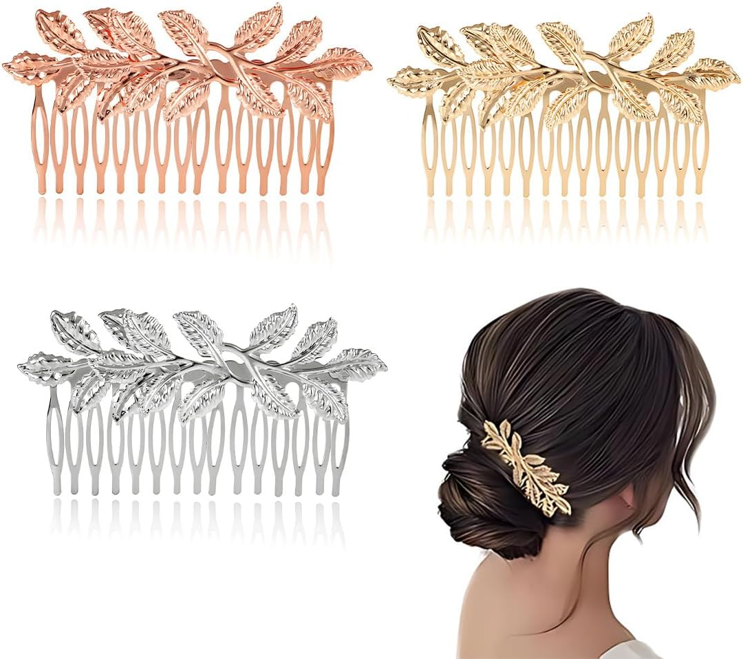 LAKJUOZ Pack of 3 Gold Hair Accessories, Golden Hair Combs, Elegant Smooth Alloy Leaf Hair Accessories for Women, Beautiful and Charming, Easy to Use, Ideal for Individual Hair Styling Design image number 5