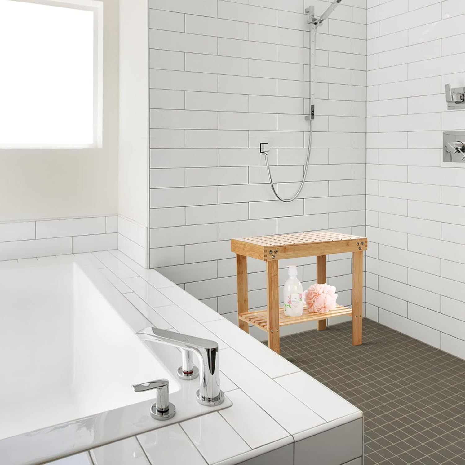 Vaefae Bamboo Spa Bench Wood Seat Stool Foot Rest Shaving Stool with Non-Slip Feets Storage Shelf for Shampoo Towel,Works in Bathroom/Living Room/Bedroom/Garden Leisure image number 5