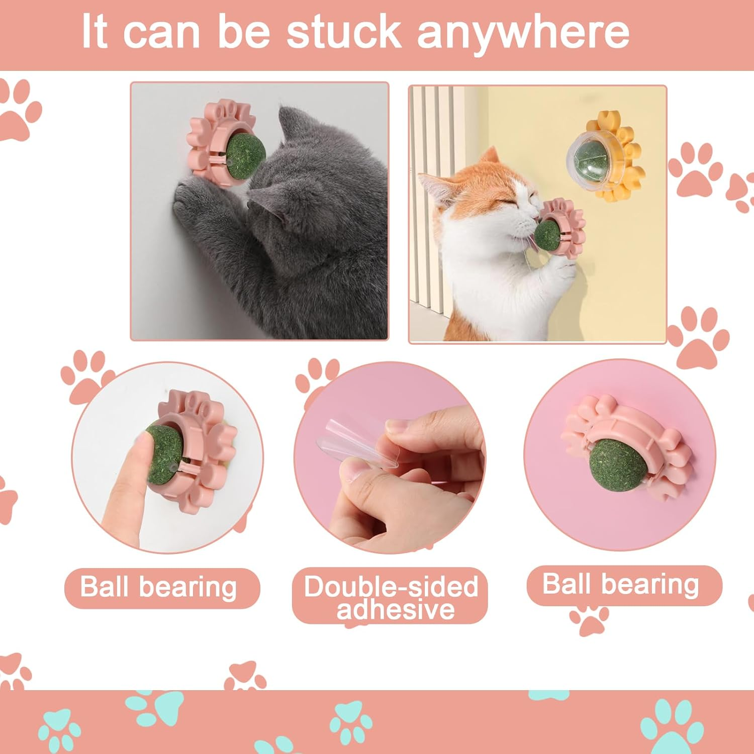 Decordwell Catnip Wall, Pack of 3 Rotating Catnip Ball, 360&deg; Rotatable Leaky Interactive, with Lid, Interactive, for Cleaning Teeth Intestinal Digestion (Pink, Green, Yellow) image number 1