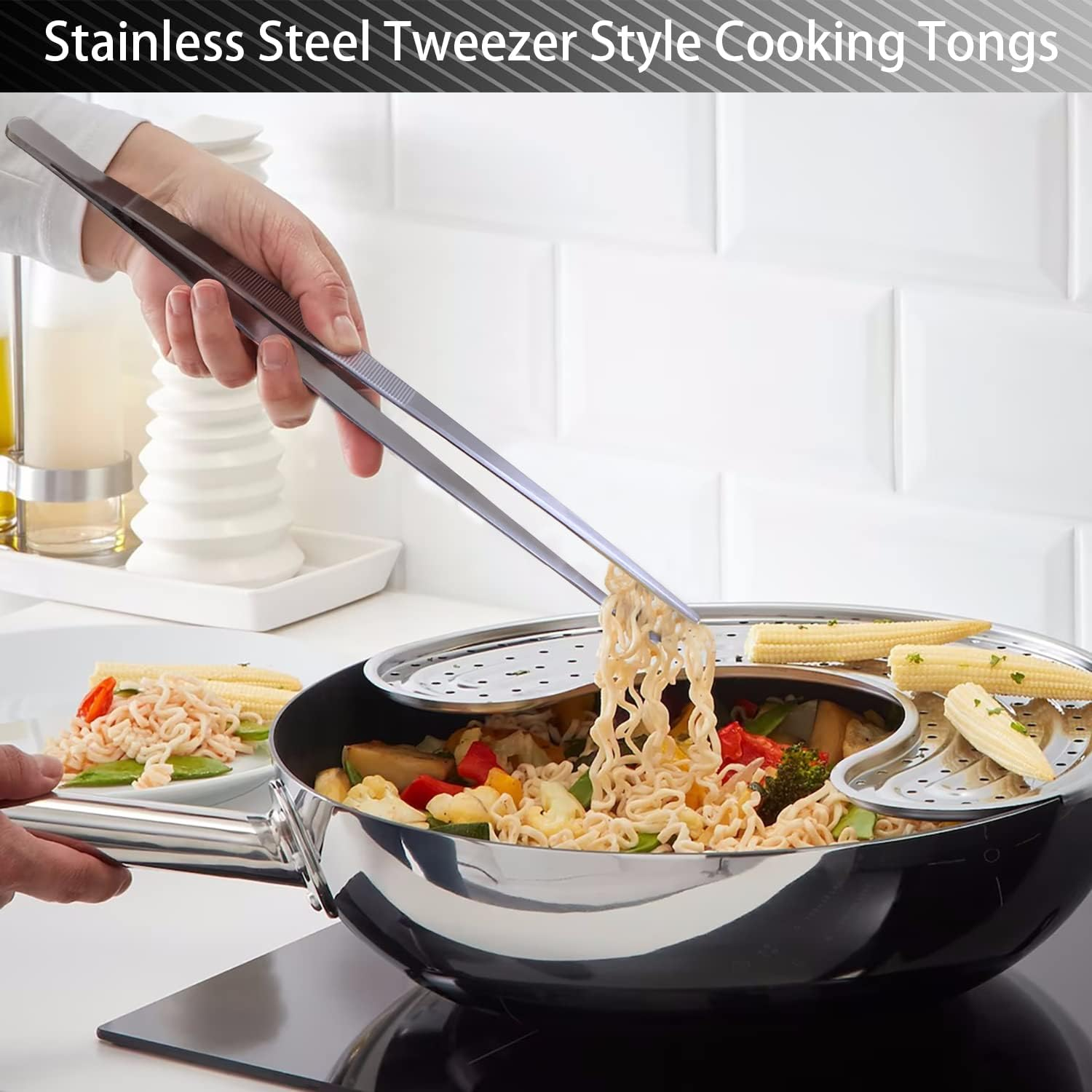 JETKONG 4 Pcs Kitchen Tweezers Tongs Stainless Steel Cooking Tweezers Set, Professional Kitchen Long Tweezer for Cooking, Repairing, and BBQ (10+12-Inch, Silver) image number 5