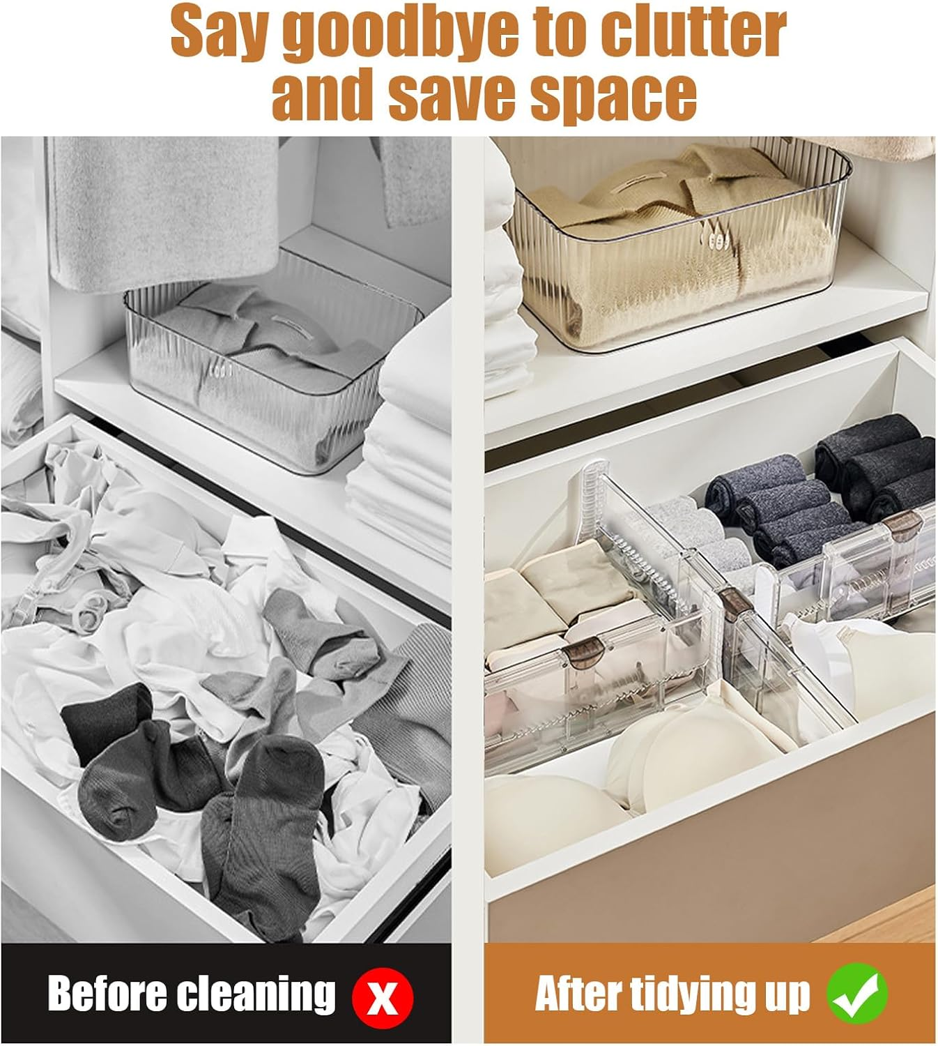 Drawer Dividers,5 Pack Adjustable 4" High Expandable from 14"-21" Clear Drawer Organizer,Drawers Separators with Foam Ends for Clothes, Kitchen Utensils, Bedroom, Bookcase image number 5