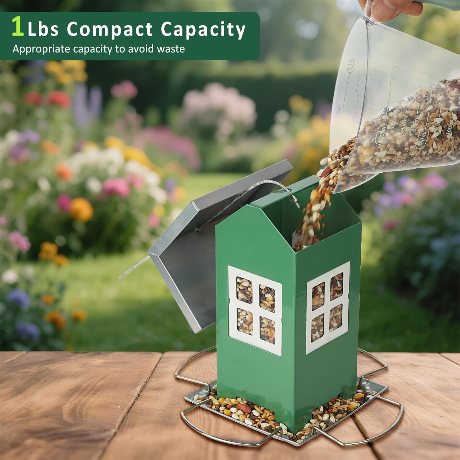 Small Metal Bird Feeders for Outdoors, Cute House Shape Bird Feeder with Window Design, Garden Terrace External Hanging Decorative Birdfeeder for Finch Sparrow Little Birds - Premium Green image number 2