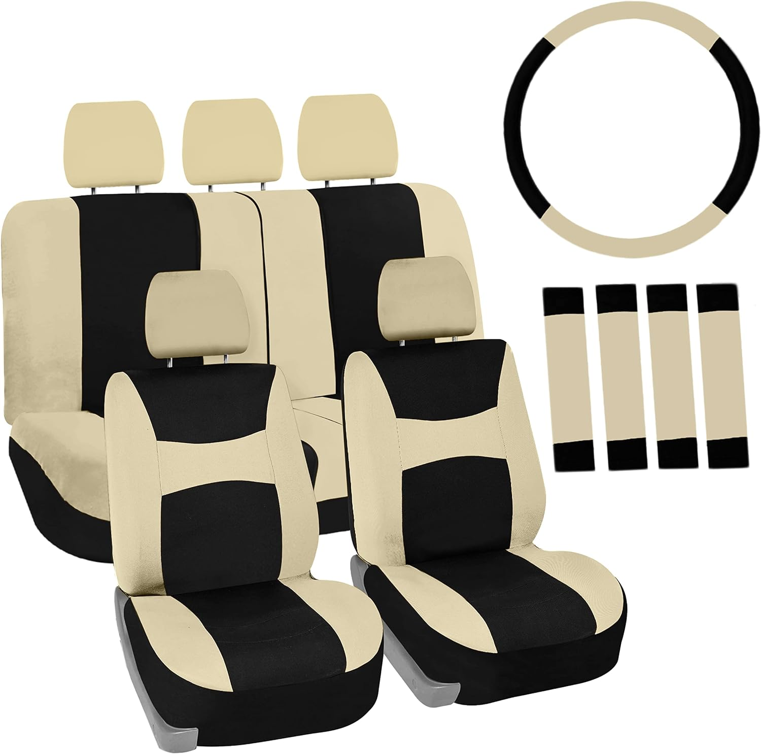 FH Group Automotive Seat Covers Black Universal Fit Combo Set with Steering Wheel Cover and Seat Belt Pad Fits Most Cars, Suvs, and Trucks (Airbag Compatible and Split Bench) FB030115BLACK-W-B