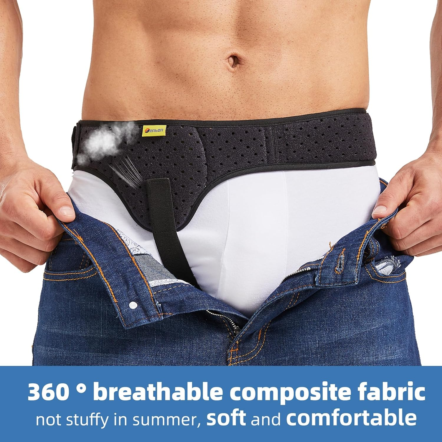 Tenbon Hernia Belt Truss for Men and Women Left or Right Side, Hernia Belt Truss for Single Inguinal or Sports Hernia with Removable Compression Pads for Pre or Post-Surgical Scrotal, Femoral, Comfortable Adjustable Waist Strap Guard, Black (L) image number 6