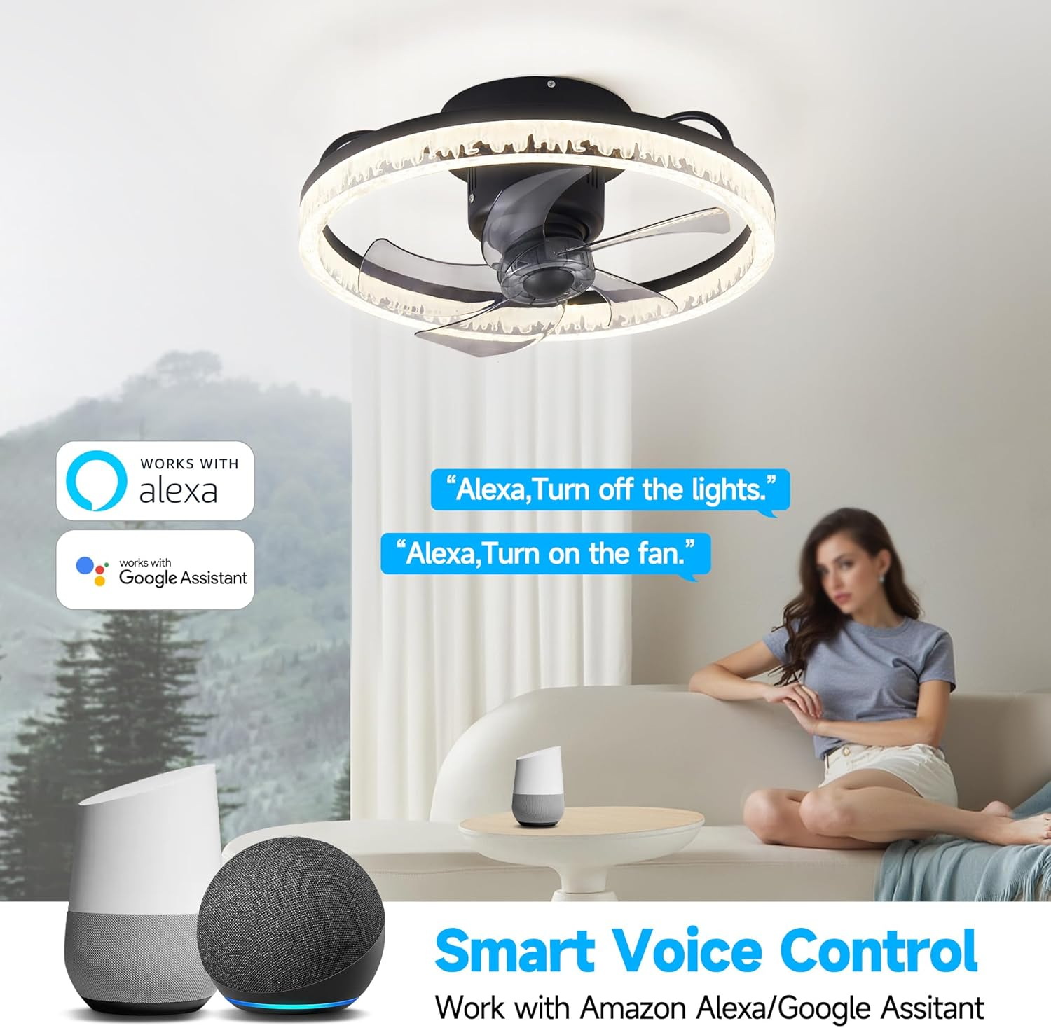 360&deg; Oscillating Ceiling Fans with Light and Remote,Smart Ceiling Fan with Alexa/Google Assistant/App Control,Ceiling Fans with 6 Speed Reversible Blades for Bedroom,Crystal-Like Lampshade