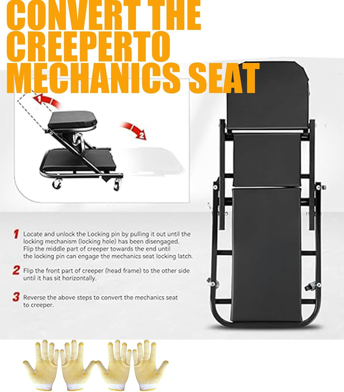36 Inches 2 in 1 Z Creeper Seat 300 Lbs Capacity Garage Chair Adjustable Rolling Folding Car Creeper with 6 Pcs Wheels, Black, Modern Style image number 2