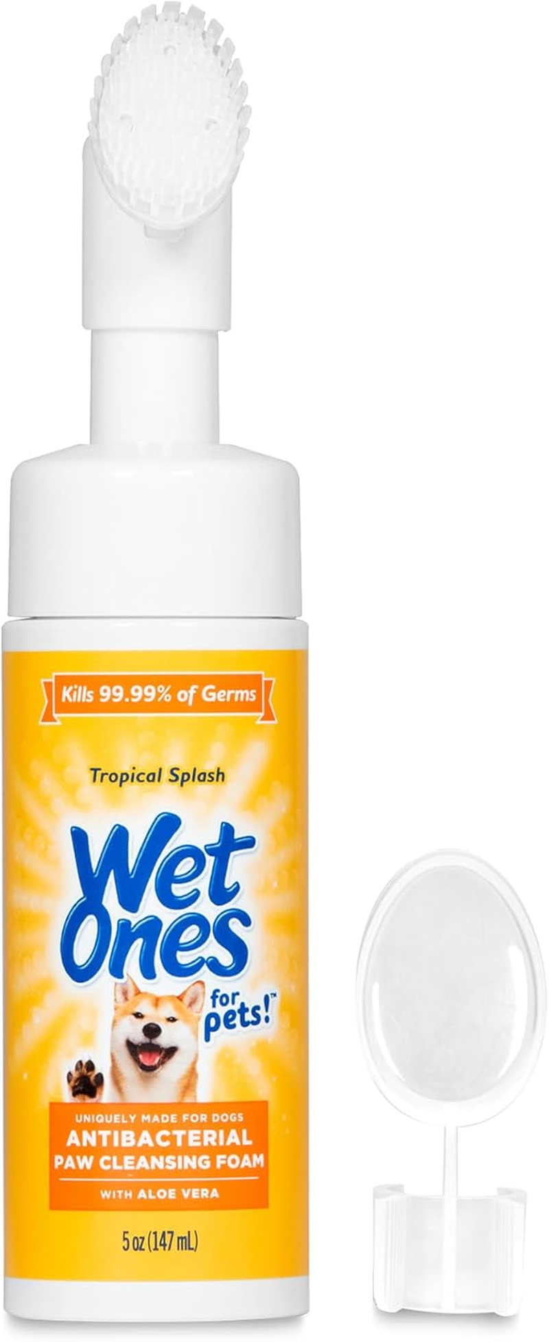 Wet Ones for Pets Antibacterial Dog Paw Cleansing Foam with Built-In Paw Scrubber Brush, Tropical Splash Scent, 5 Oz | Dog Paw Cleaner with Antibacterial Foam and Brush