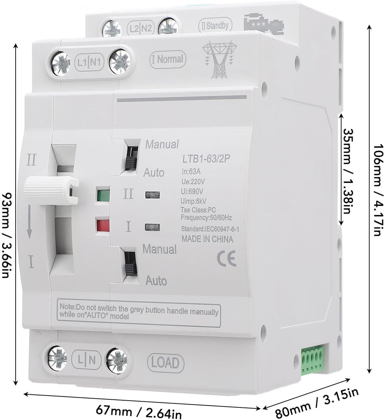 Pyhodi Double Power Automatic Transfer Switch, 50/60Hz 63A 2P DIN Rail ATS Power Transfer Switch, Suitable for Shopping Mall, Home, Factory and Laboratory image number 3