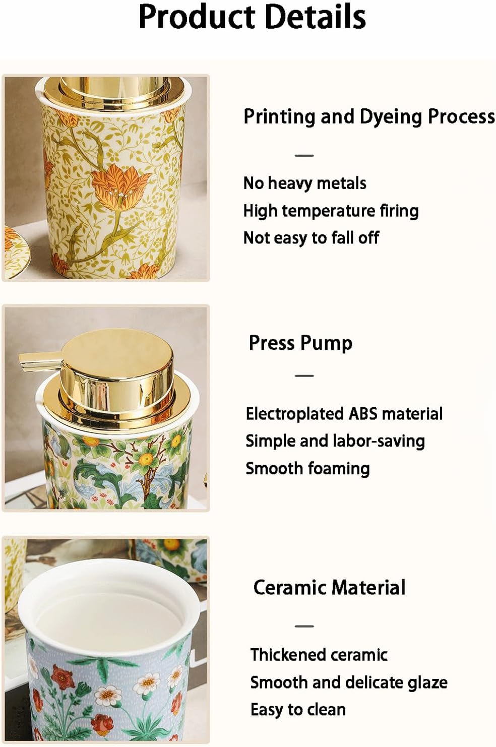 Countertop Soap Dispensers Foam Soap Dispenser with Gold Pump Vintage Ceramic Foaming Pump Bottle for Bathroom Refillable Hand Soap Foam Dispenser for Kitchen Liquid Hand Soap Dispenser image number 1