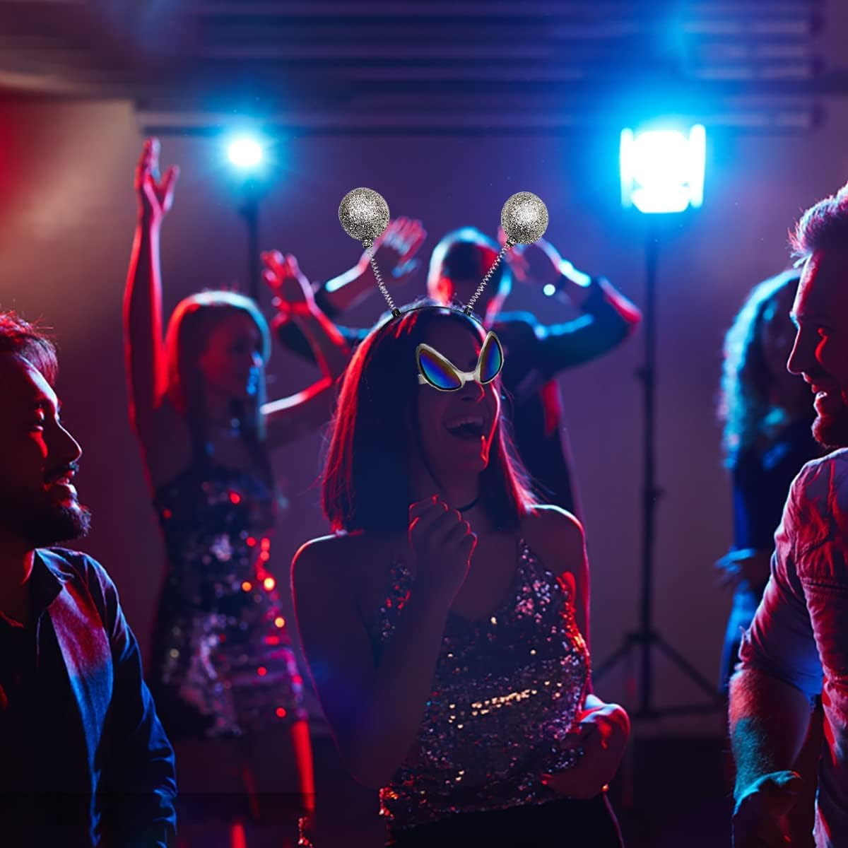 WOTOW Alien Costume Accessories Set - 4PCS Alien Rainbow Lens Sunglasses Antenna Headband Green Silver Color Sparkly Space Alien Costume for Adults Kids Halloween Party Favors