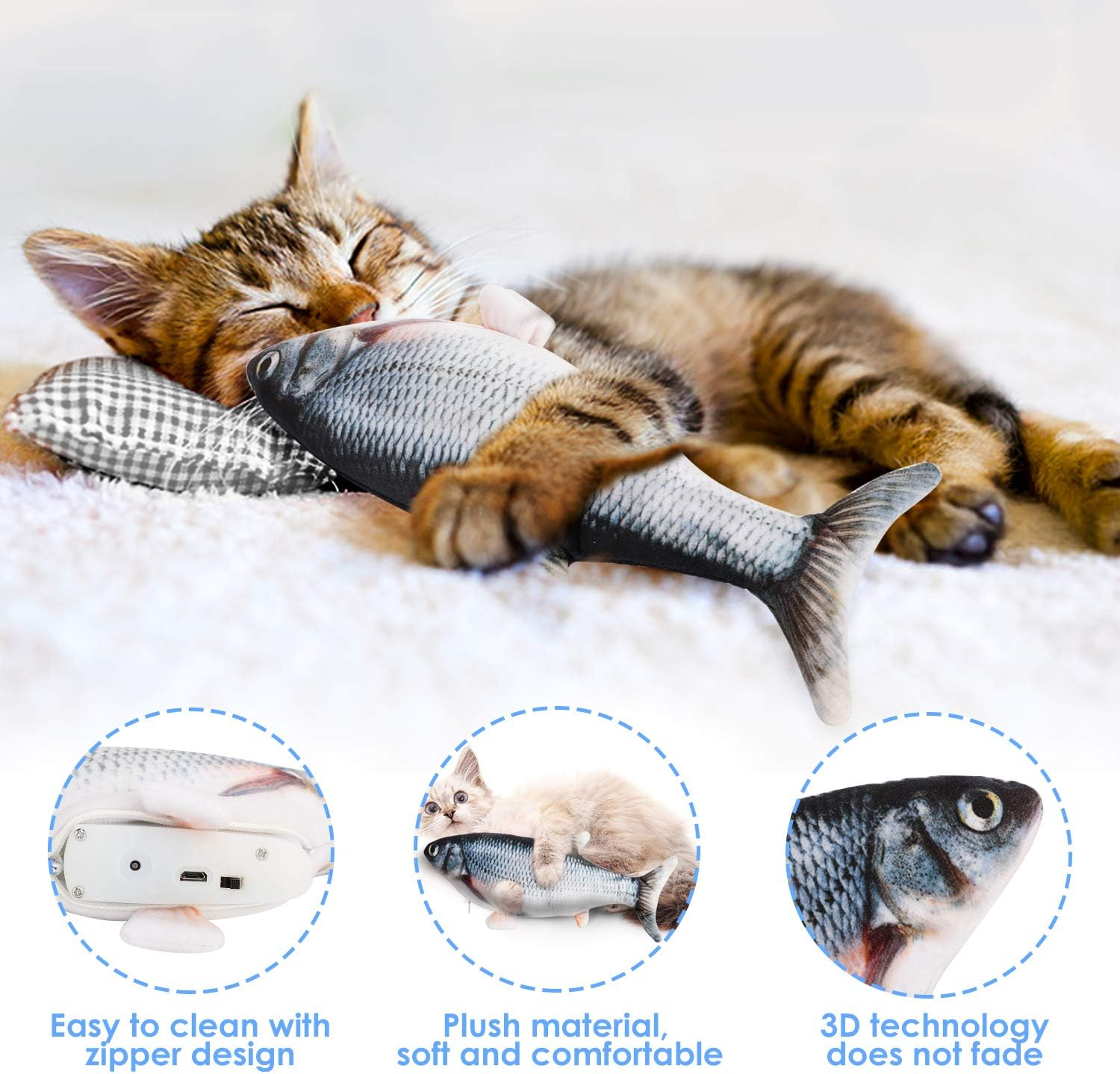 Ruolan Tiny Tuna Cat Toy, Electric Floppy Fish Catnip Kicker, Moving Realistic Plush Simulation Wagging Toy, Motion Kitten Toy, USB Charged (1PCS, Blue)