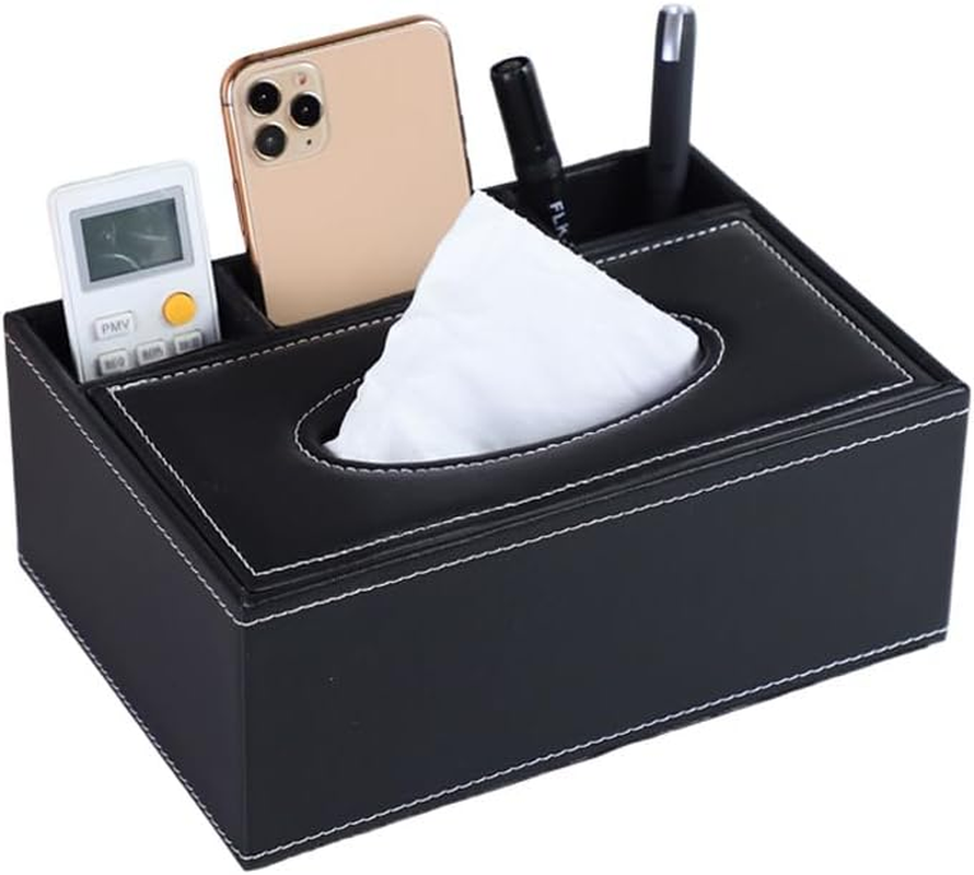 PU Leather Household Office Rectangular Tissue Box with Remote Control Storage Organizer Box (Black, One Size) image number 1