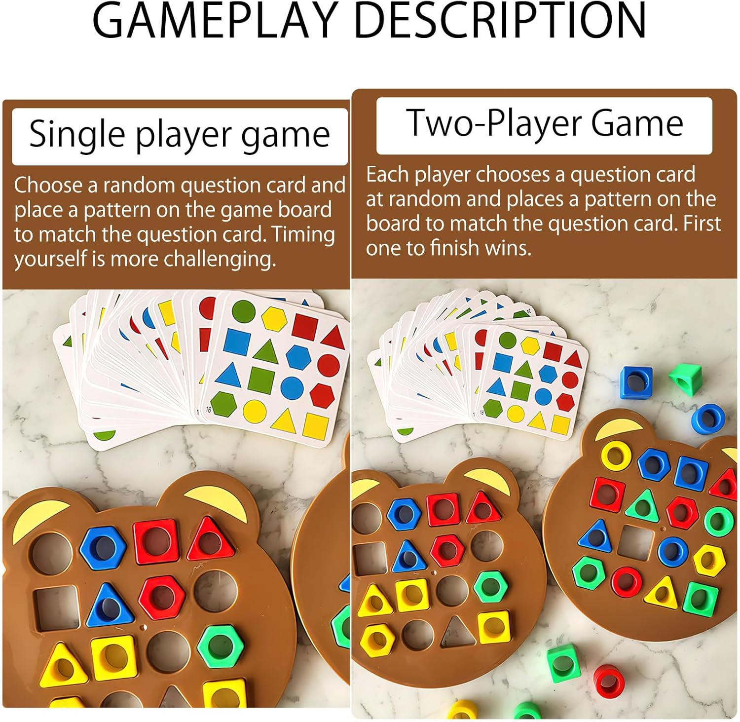 Shape Game: Shape Matching Puzzle, Montessori Toys, Sensory Learning Toy, 3+ Years, 2 Game Disks, 32 Matching Blocks, 30 Cards image number 5