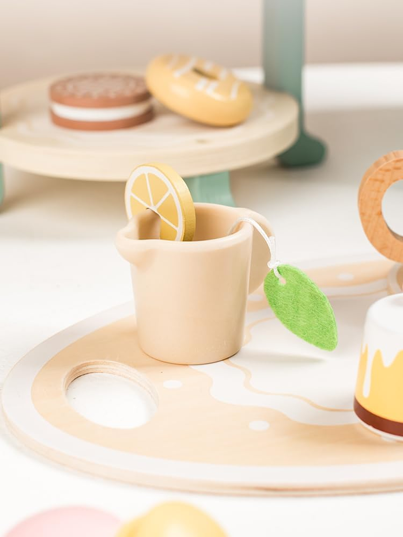 Wooden Tea Party Set for Toddlers 2 3 4 5 6, 24PCS Pretend Play Dessert Set with Cupcake Tower, Teapot, Cups, and Sweets, Montessori Toys Tea Set for Girls Birthday Gift, Kids Tea Party Set image number 1