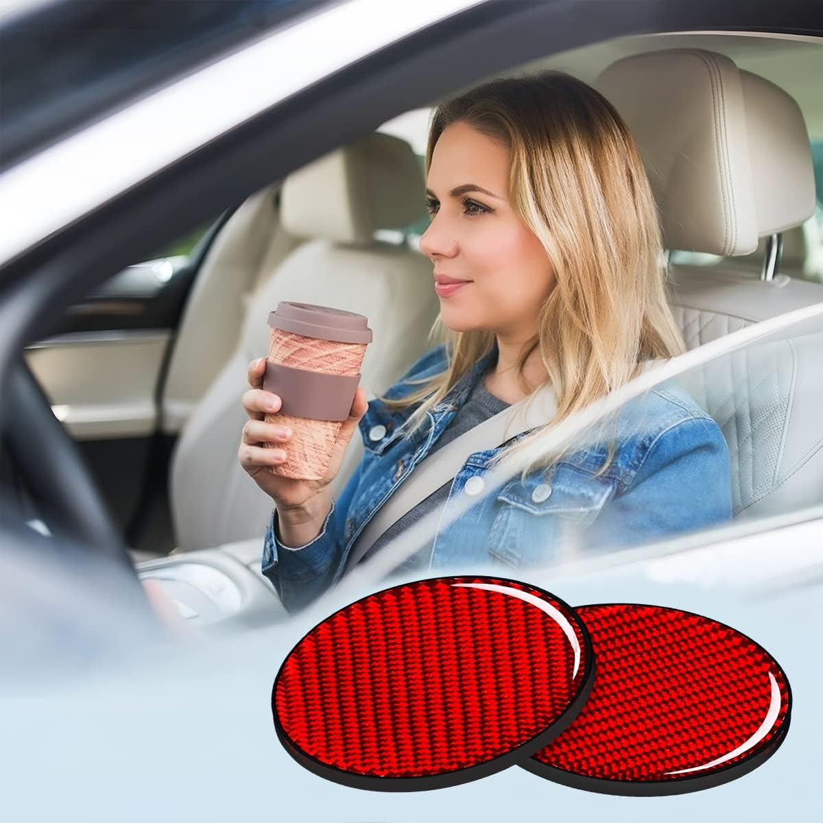 AUCELI 2 PCS Car Cup Holders, 2.75 Inch Carbon Fiber Coasters, Non-Slip Bottle Pad Embedded in Cup Mat, Durable Insert Drink Coaster, Universal Vehicle Interior Accessories (Red/Stylea) image number 3
