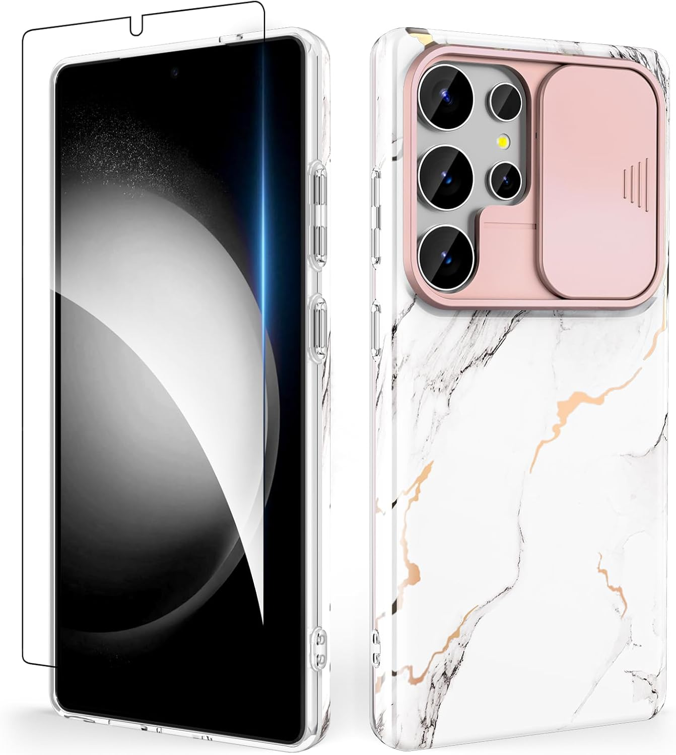 SHEDEER for Samsung Galaxy S25 Ultra Case, with Slide Camera Cover & Screen Protector, Chic Pattern, Shockproof 360 Degree Protective Slim Thin Phone Case Cover for Galaxy S25 Ultra, White - Beige image number 6