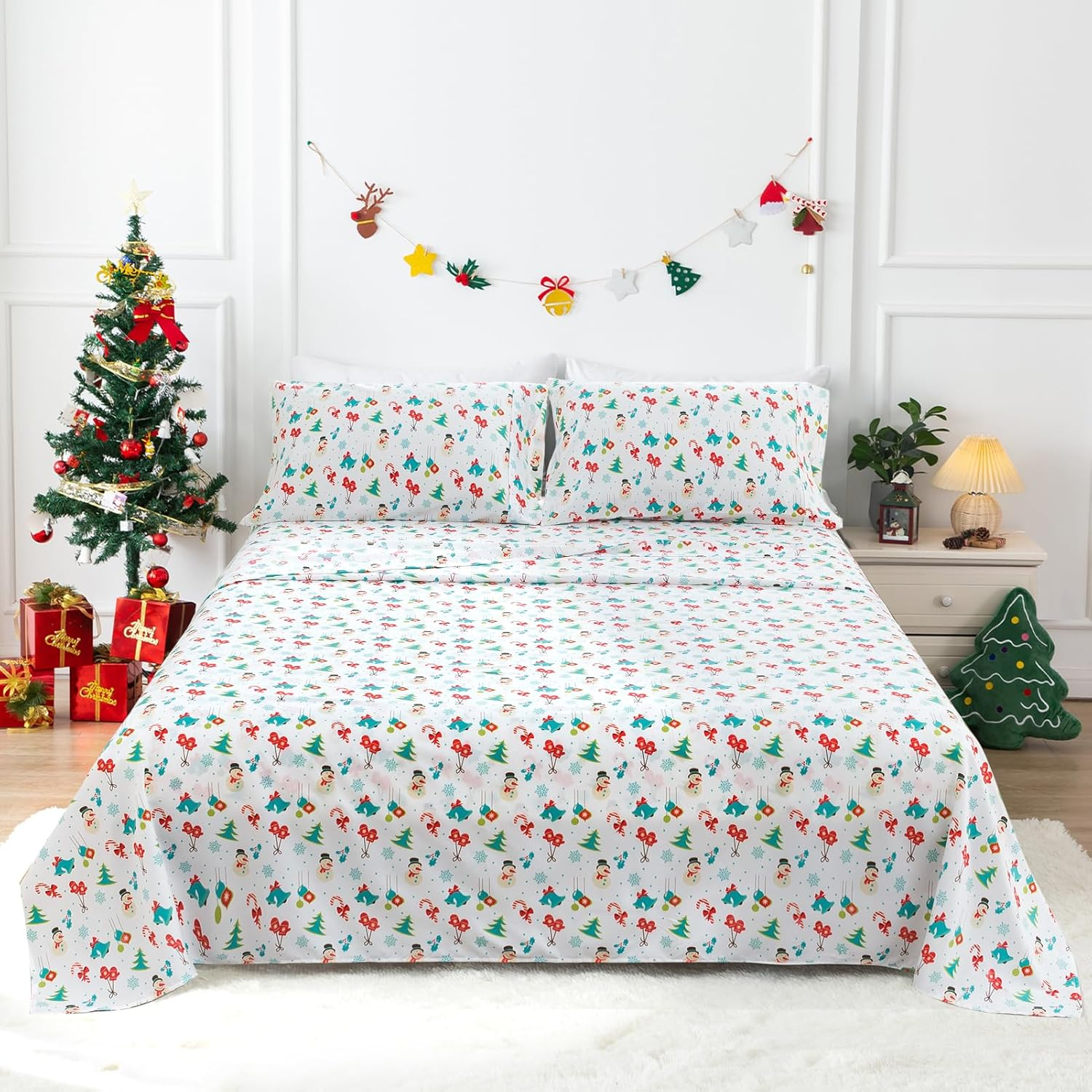 UDEAL Flower Bed Sheets Queen Size,Deep Pocket Queen Sheet Sets Floral,Microfiber Queen Sheets Set Deep Pocket,Breathable & Cooling,Easy-Fit Soft,Christmas Tree image number 5