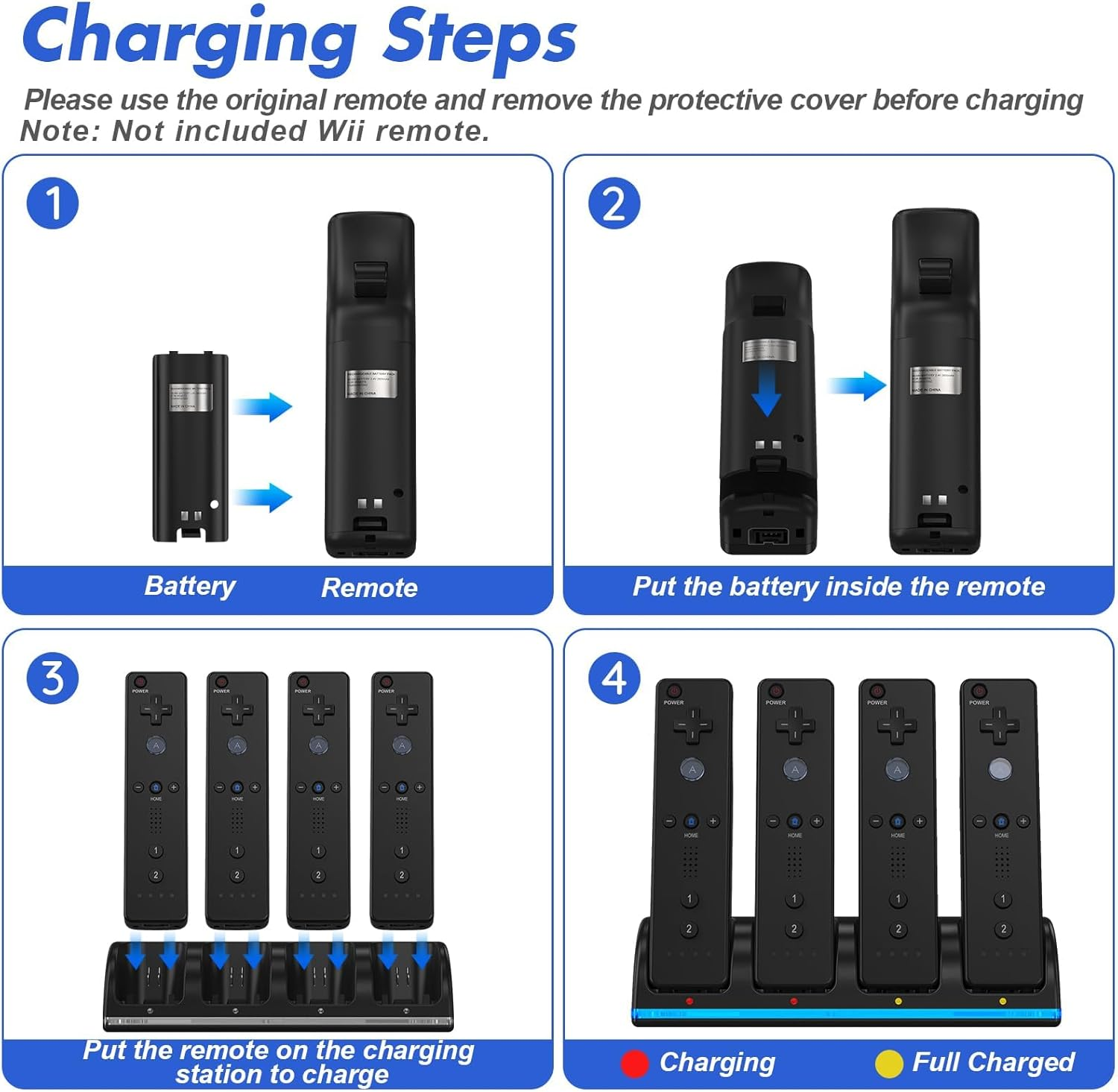 Remote Controller Charger for Wii/Wii U with 4 Pack 2800Mah Rechargeable Battery Pack, 4 Port Charging Station for Wii Controller, Remotes Are Not Included image number 4